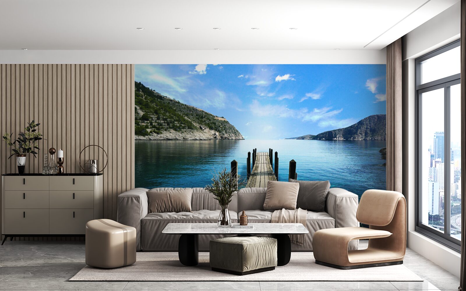 Papier peint sur le fond du ciel, des montagnes et de la rivière, on peut voir le ponton