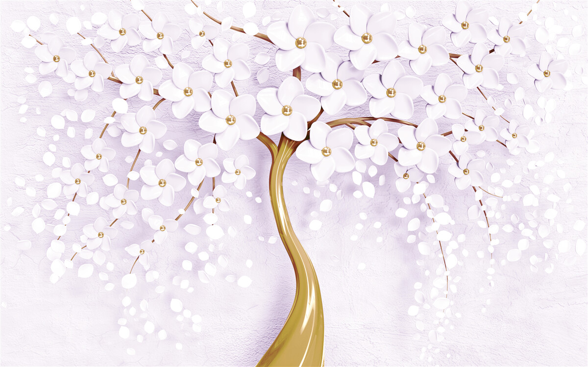 Papier peint arbre à petites fleurs blanches