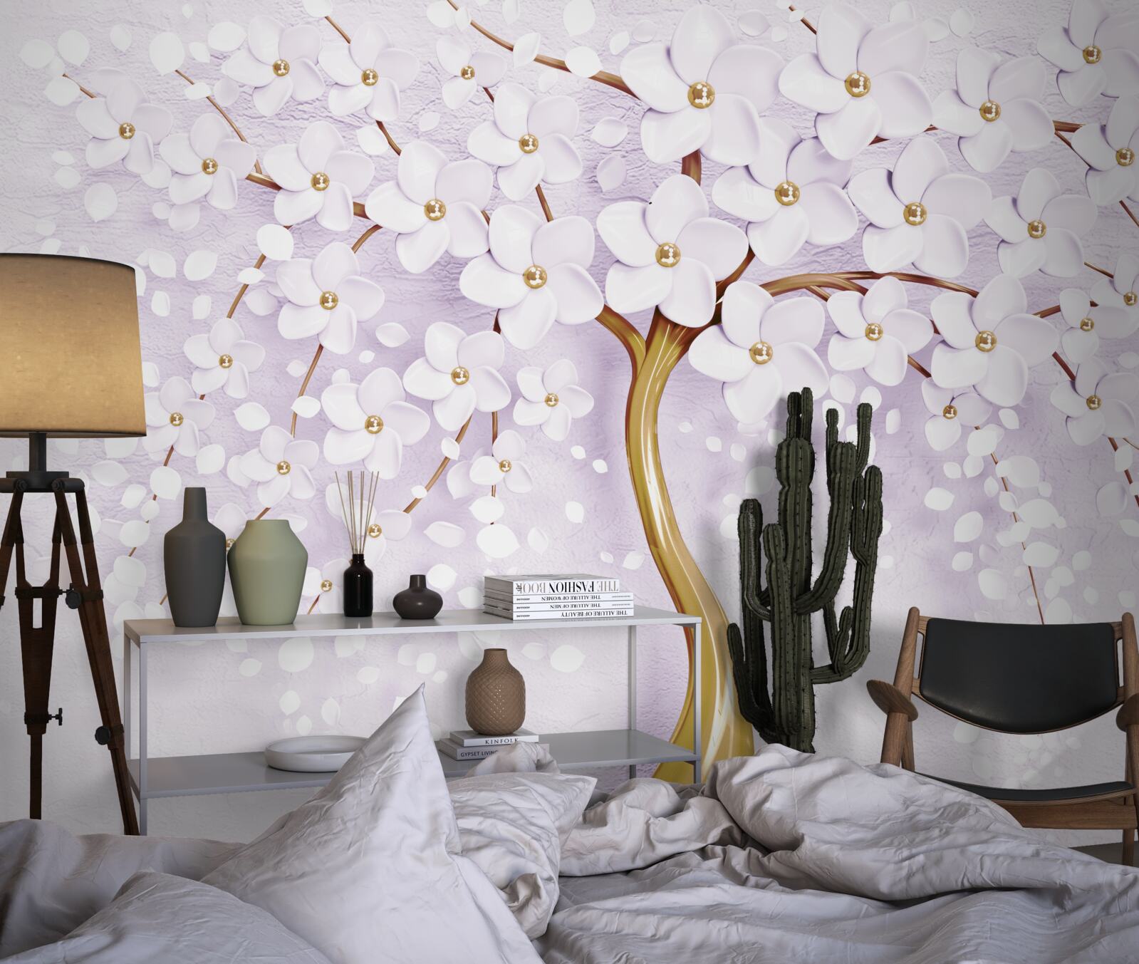 Papier peint arbre à petites fleurs blanches