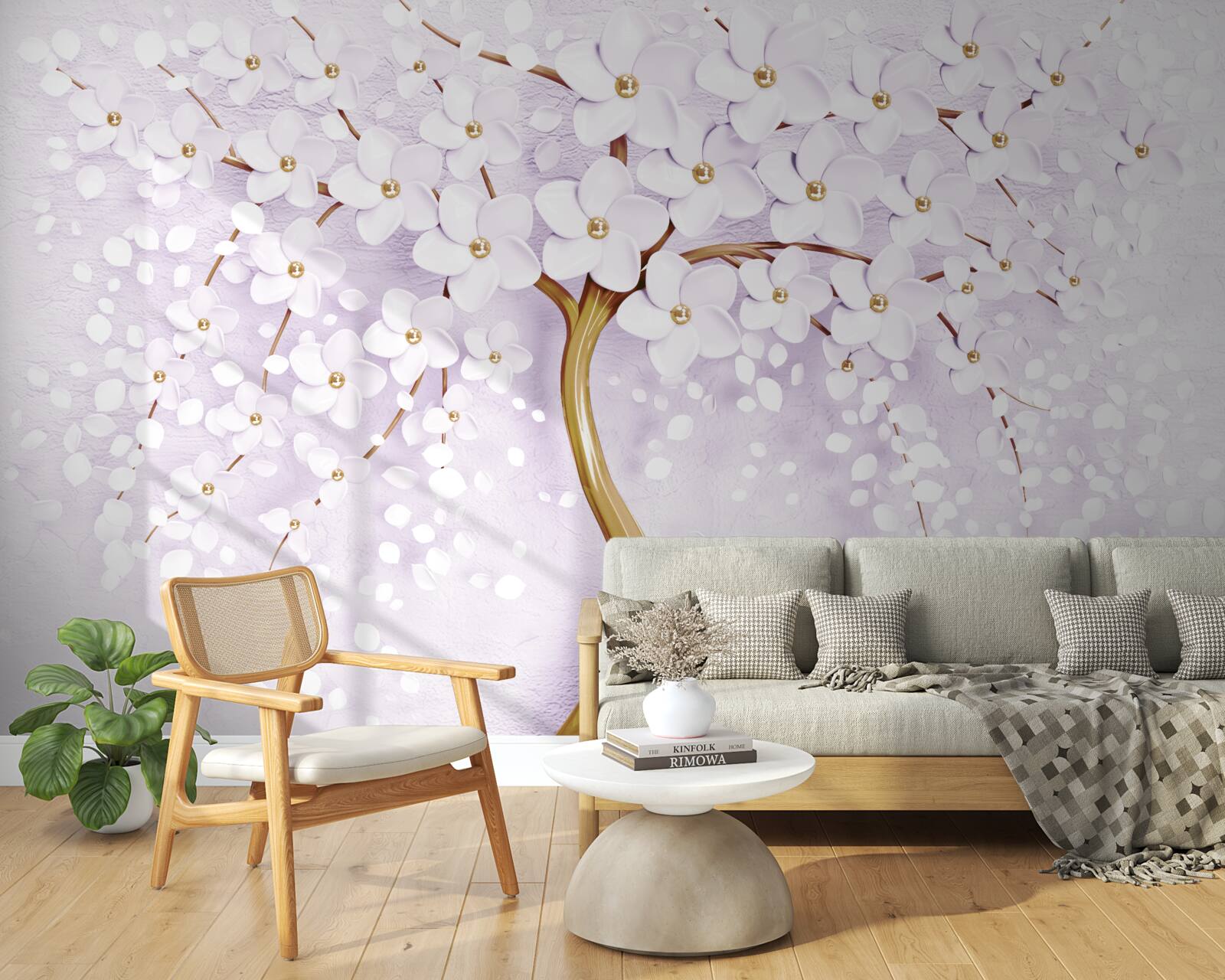 Papier peint arbre à petites fleurs blanches