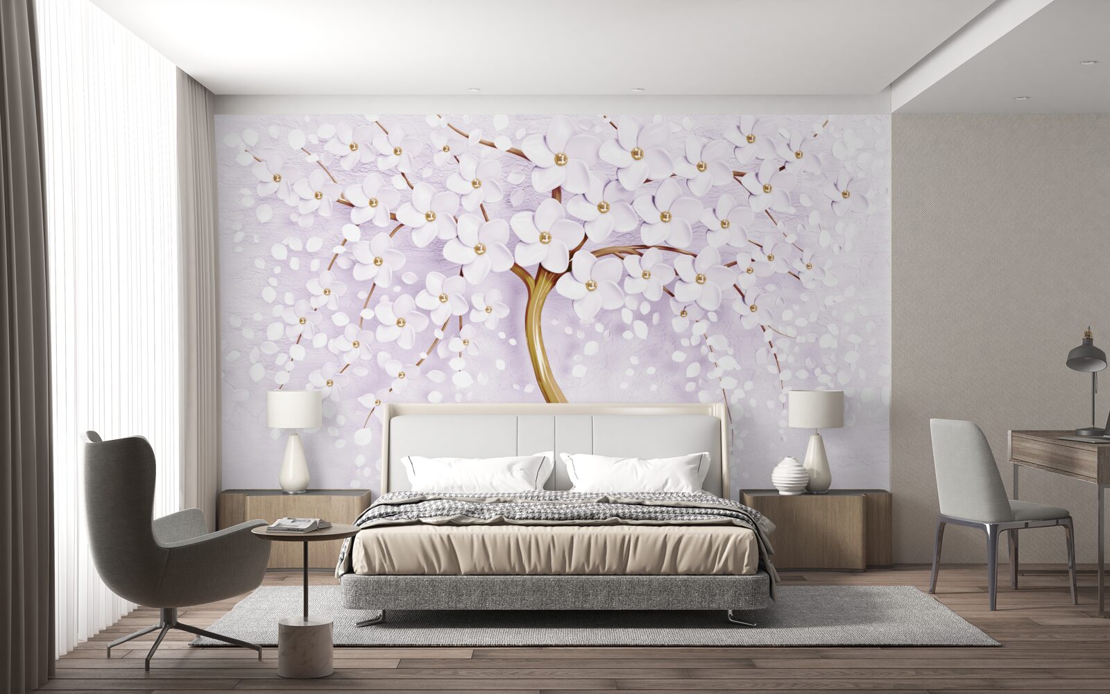 Papier peint arbre à petites fleurs blanches