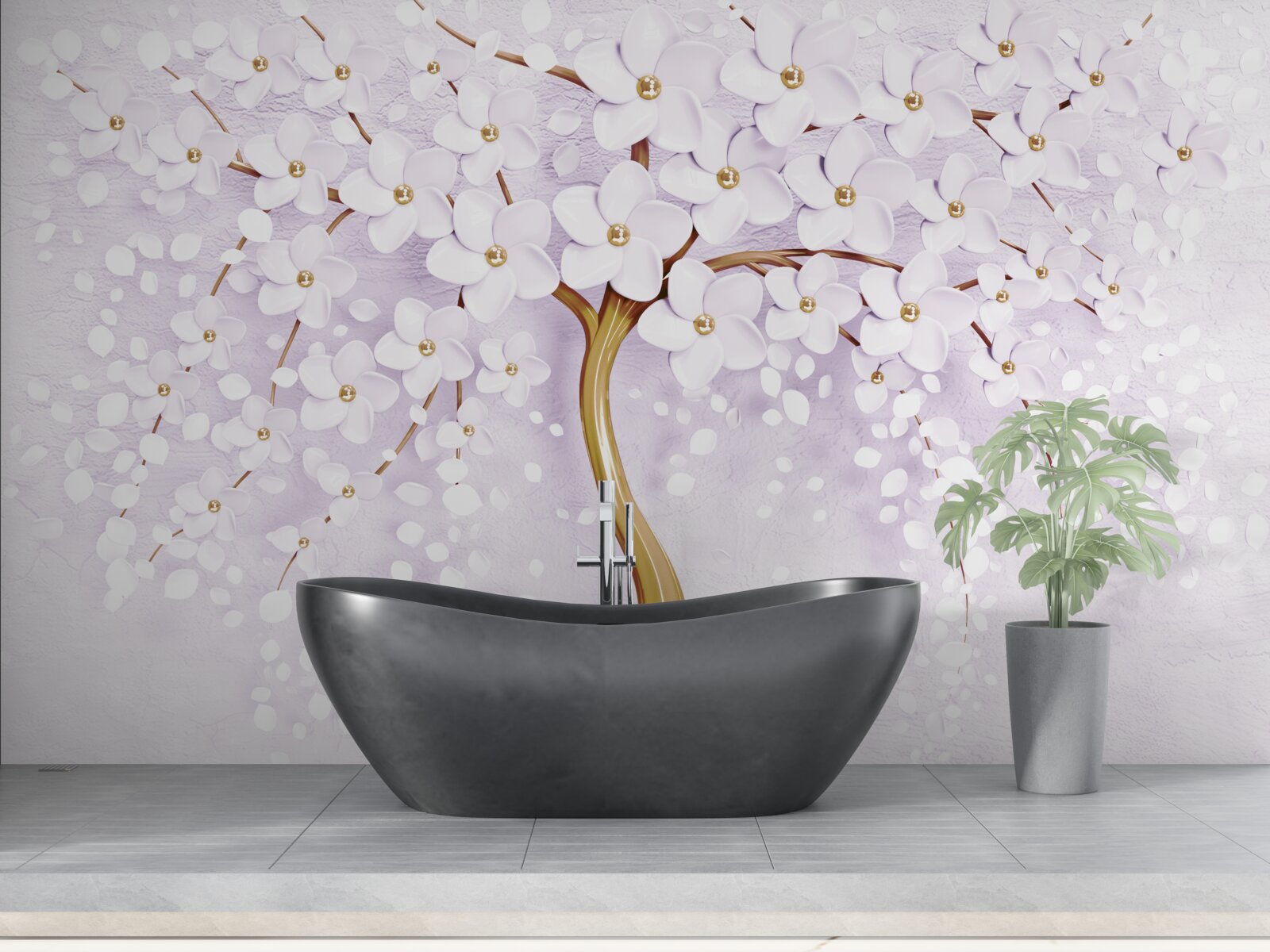 Papier peint arbre à petites fleurs blanches