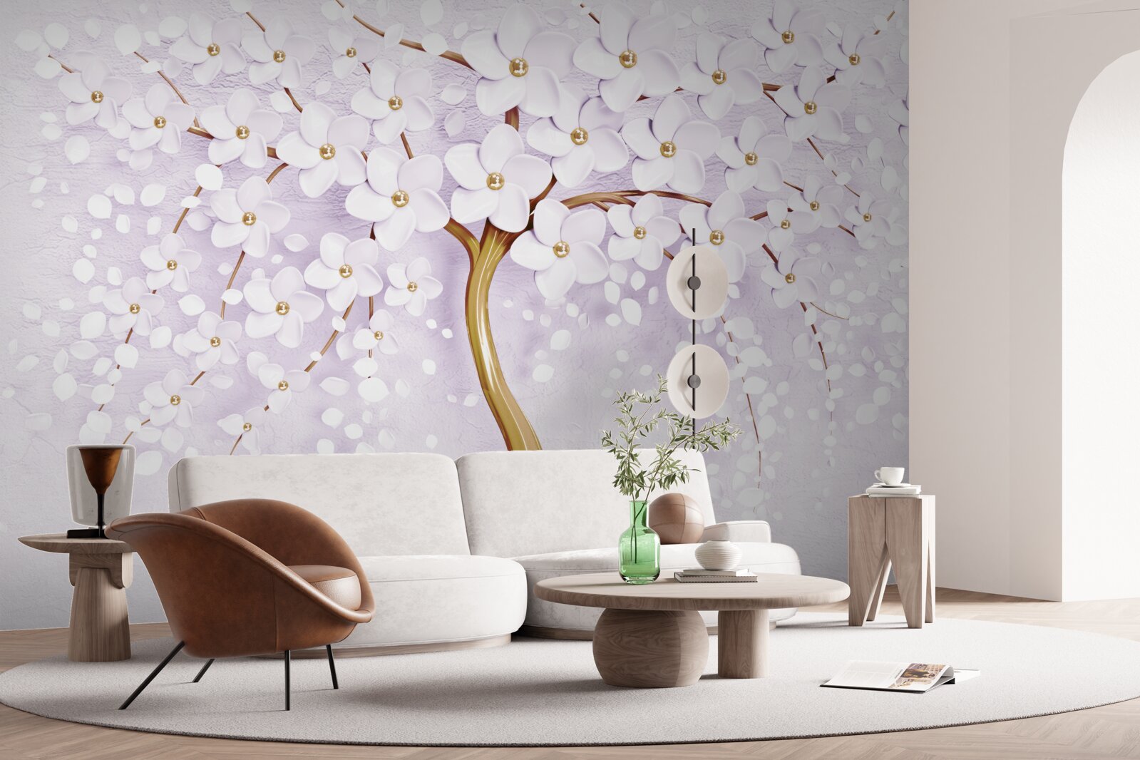 Papier peint arbre à petites fleurs blanches