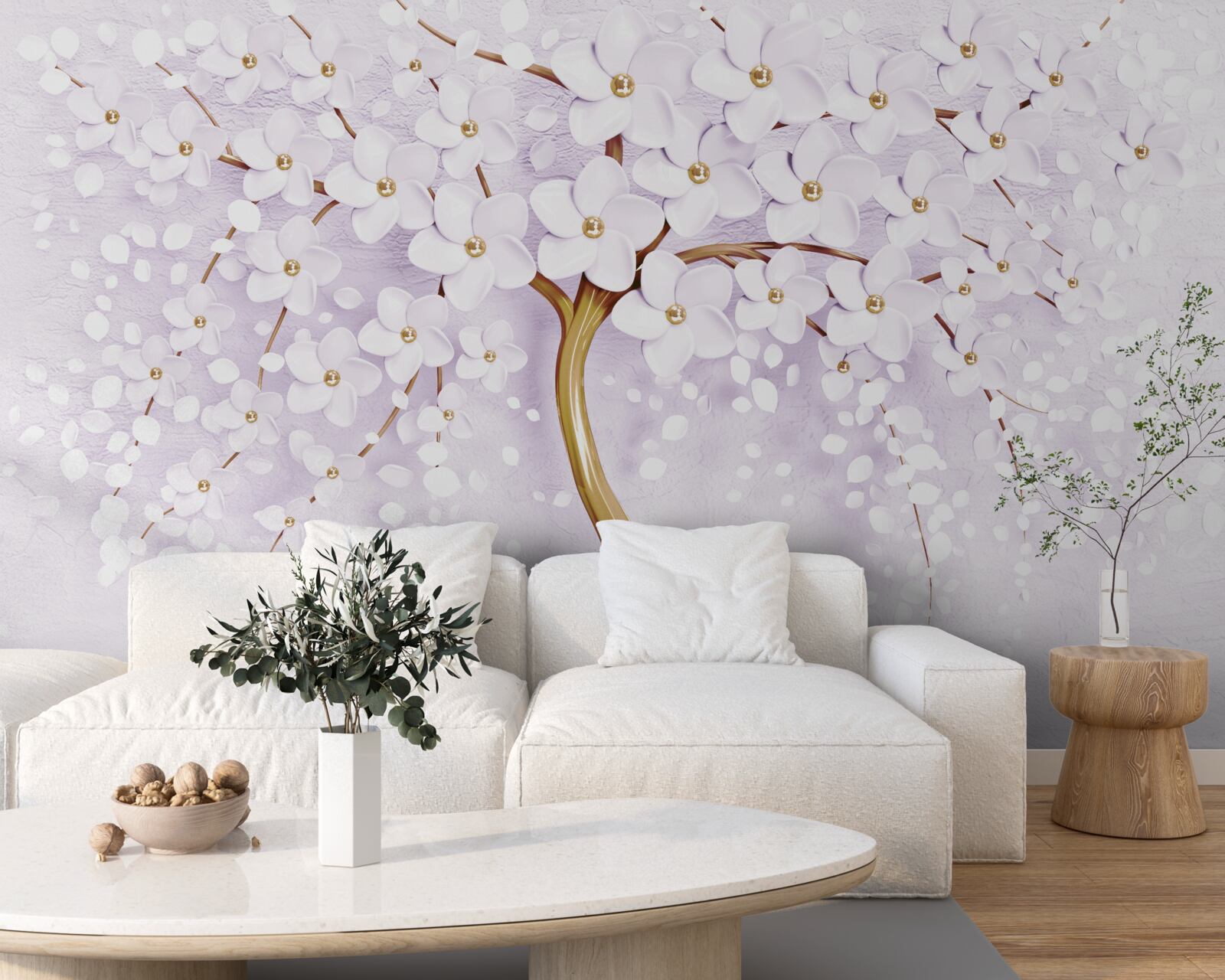 Papier peint arbre à petites fleurs blanches