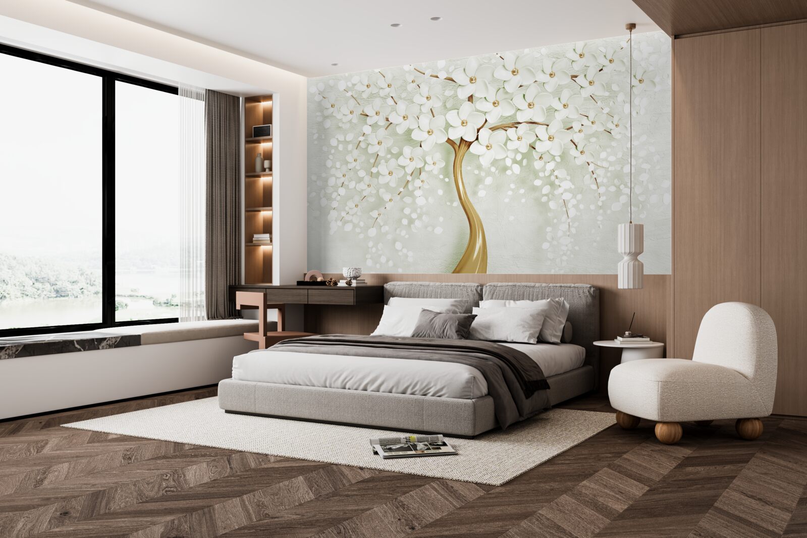 Papier peint arbre aux fleurs estivales blanches comme la neige