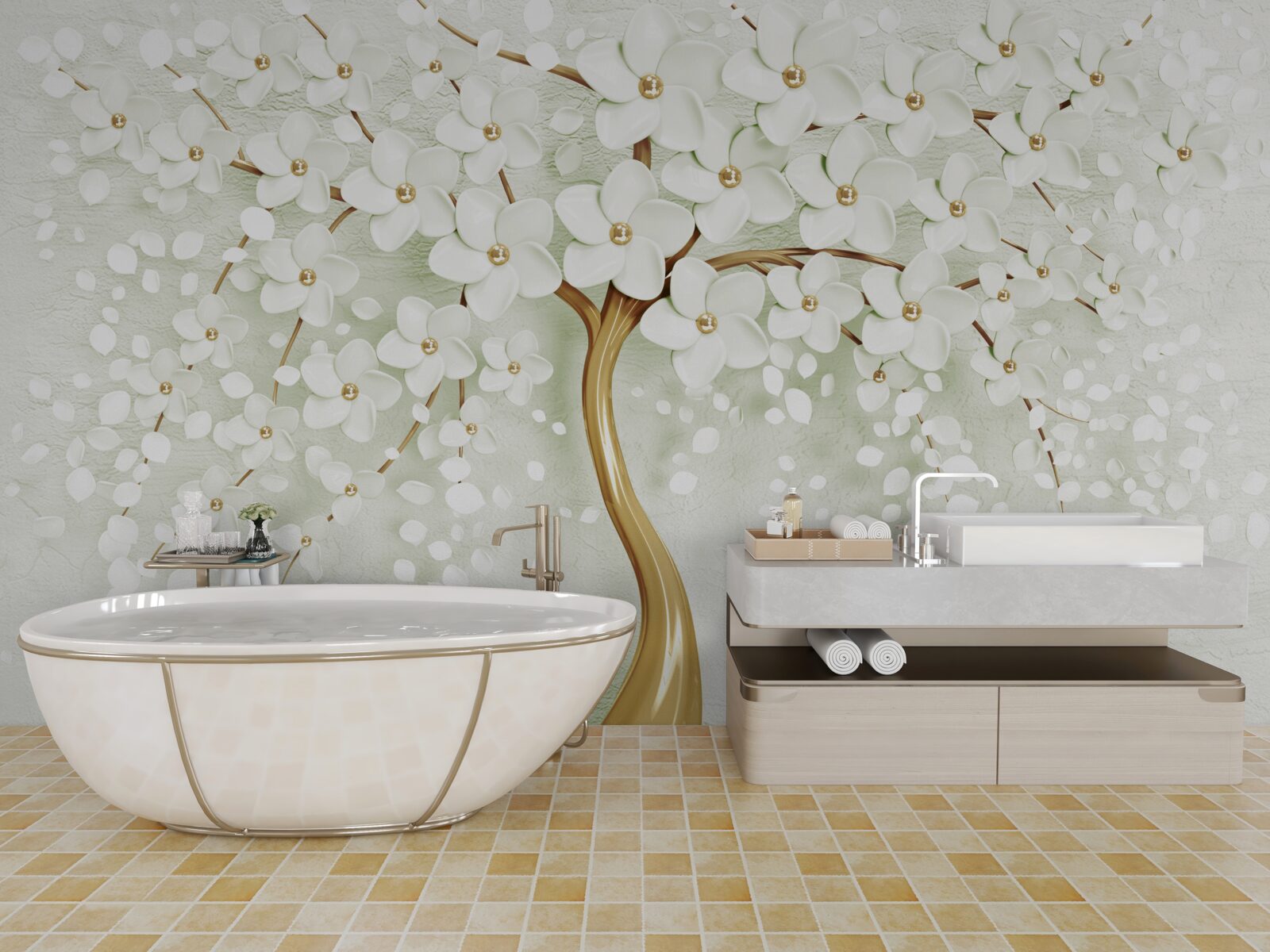 Papier peint arbre aux fleurs estivales blanches comme la neige