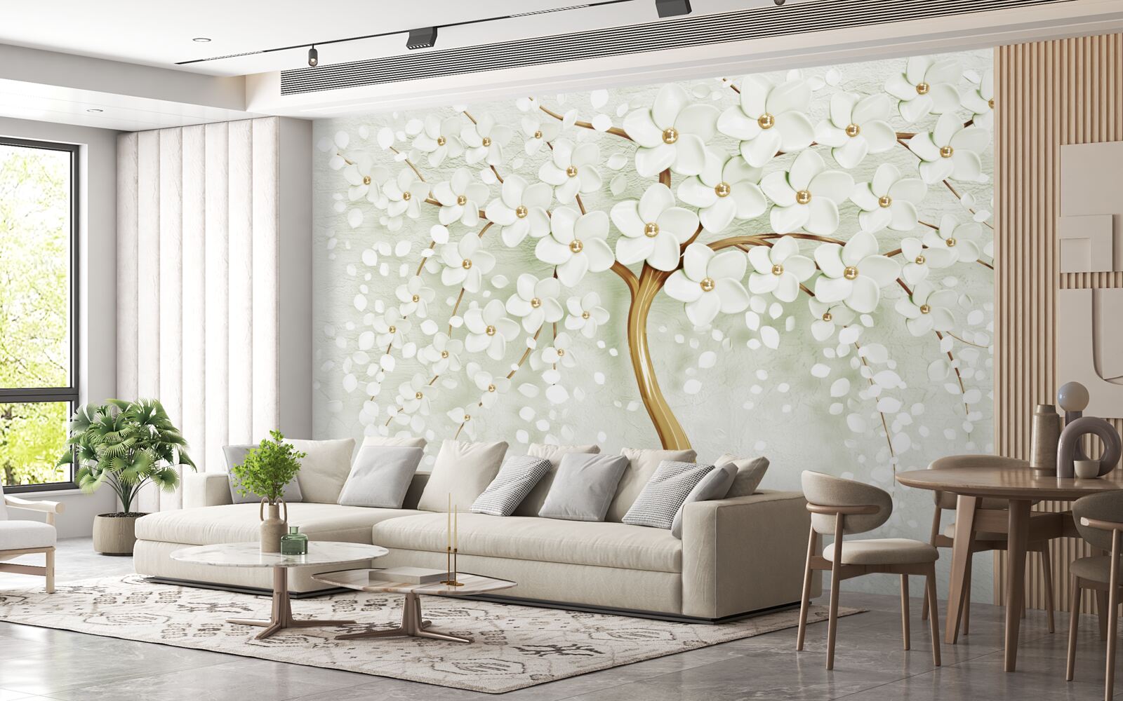 Papier peint arbre aux fleurs estivales blanches comme la neige