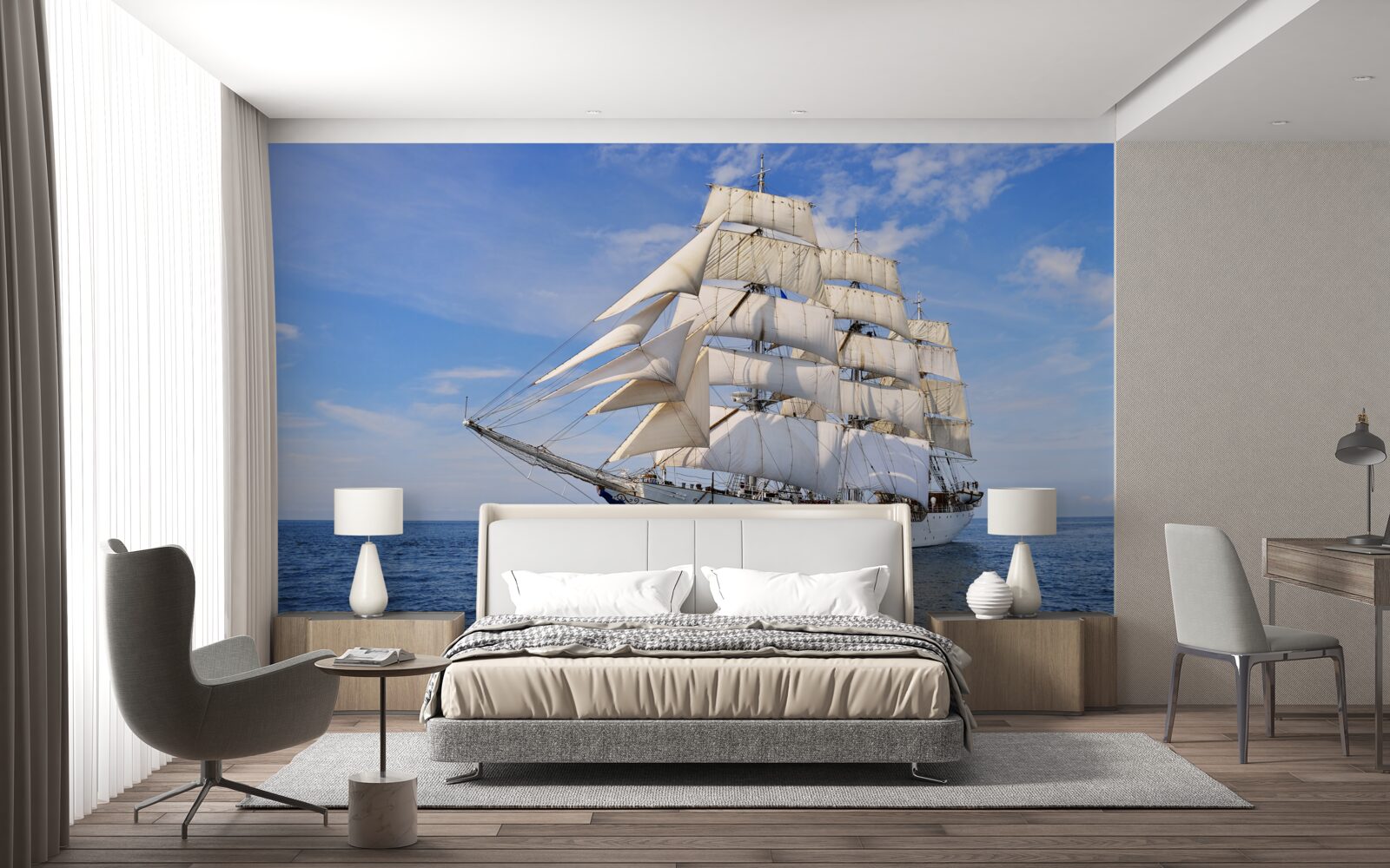 Papier peint bateau blanc sur l'eau