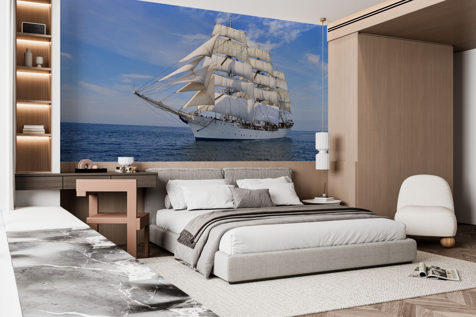 Papier peint bateau blanc sur l'eau