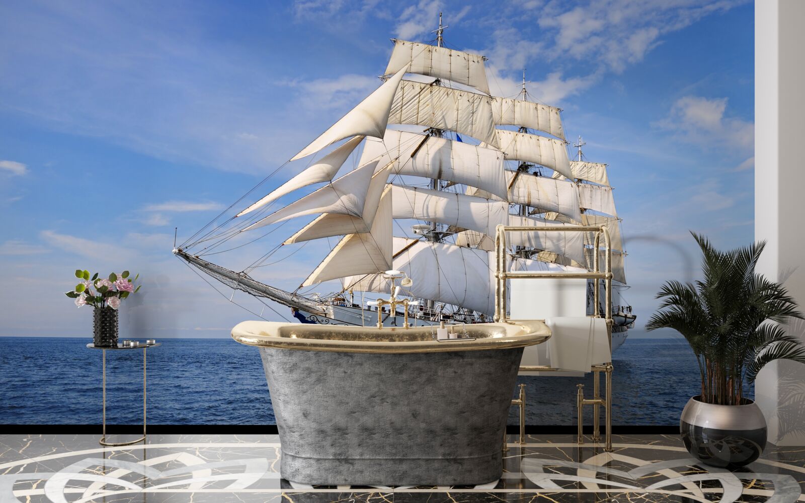 Papier peint bateau blanc sur l'eau