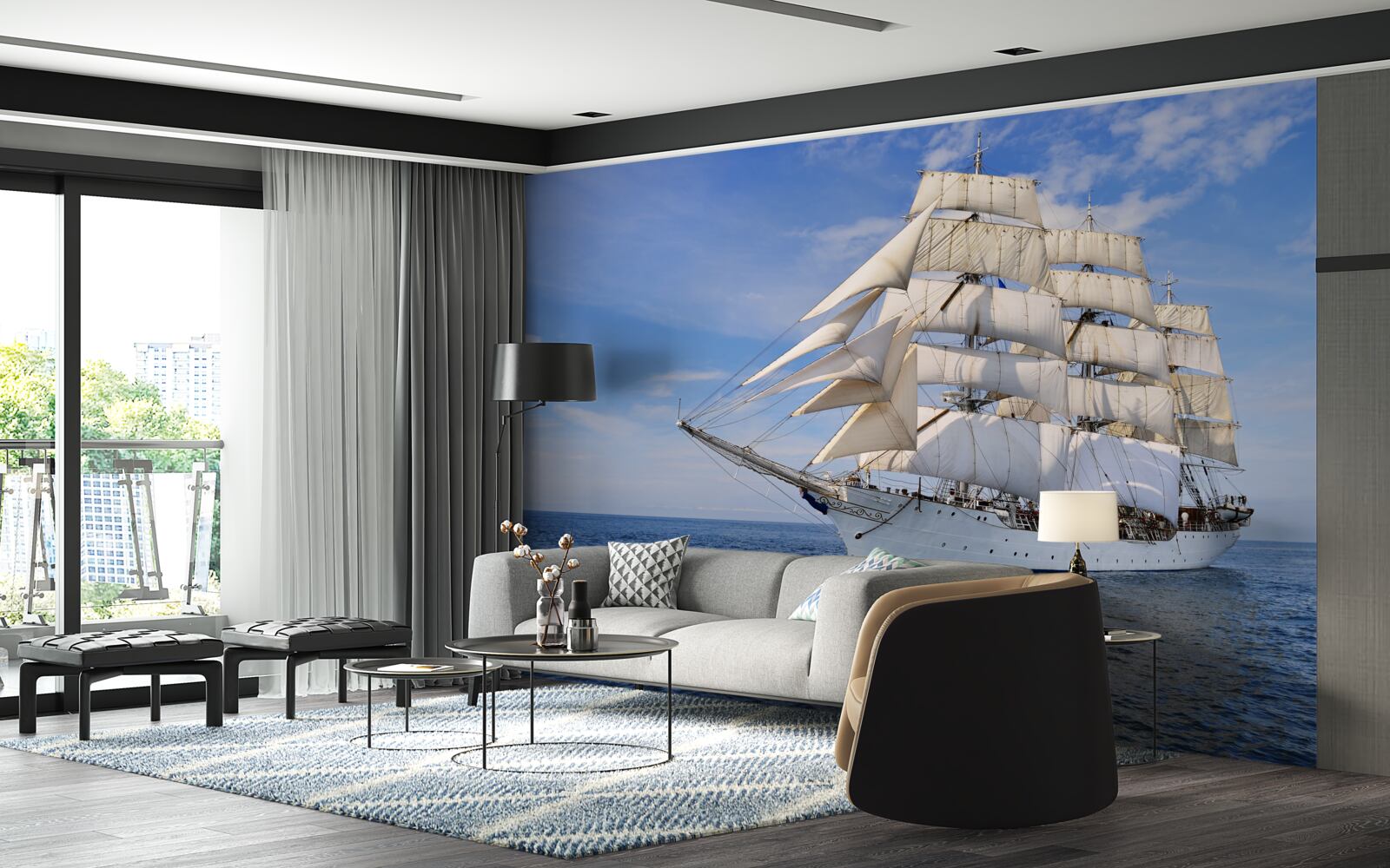 Papier peint bateau blanc sur l'eau