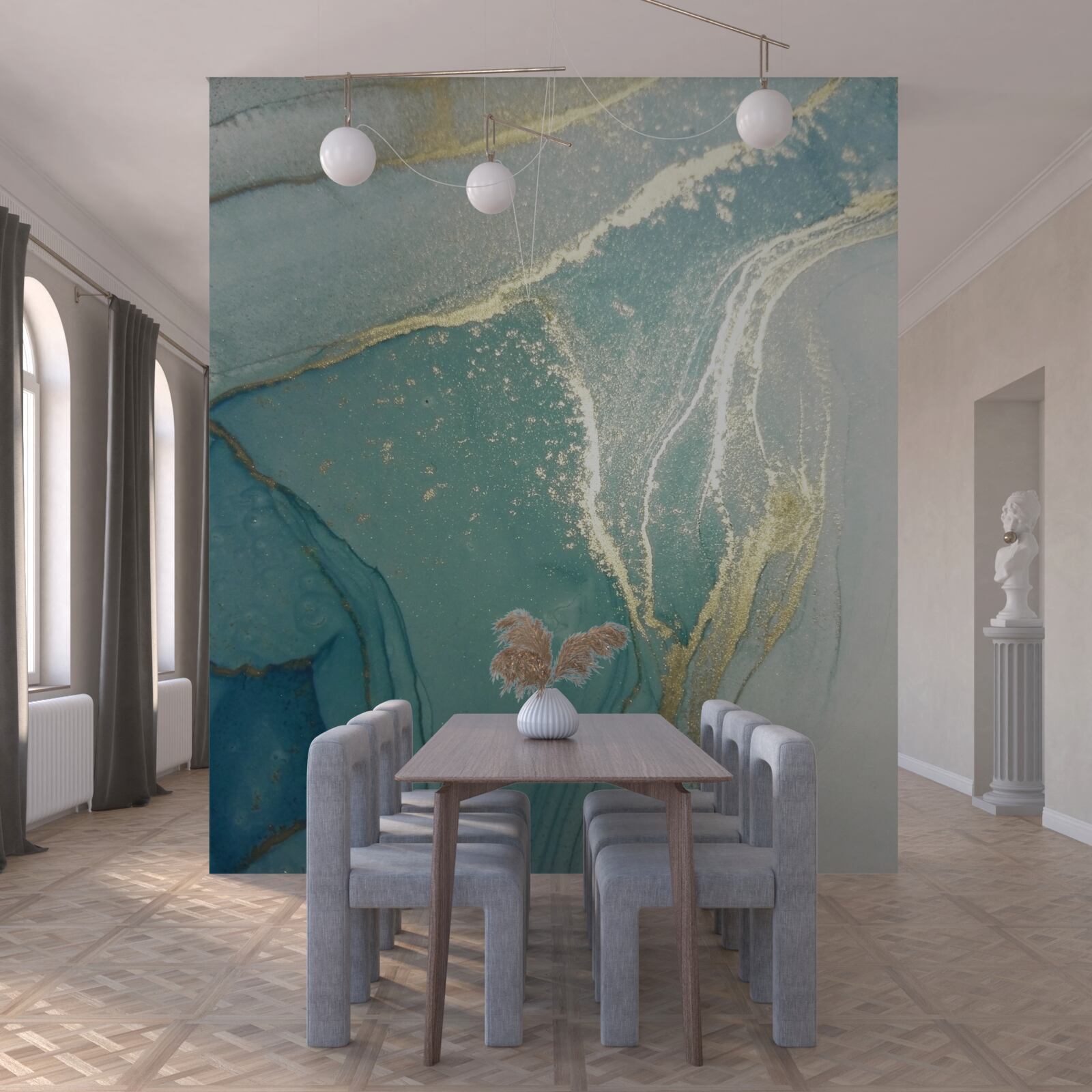 Papier peint or avec turquoise