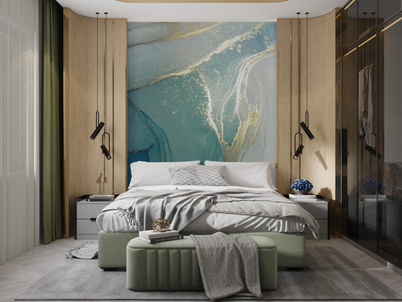 Papier peint or avec turquoise