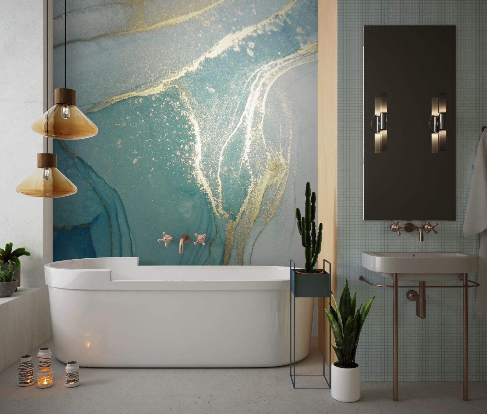 Papier peint or avec turquoise