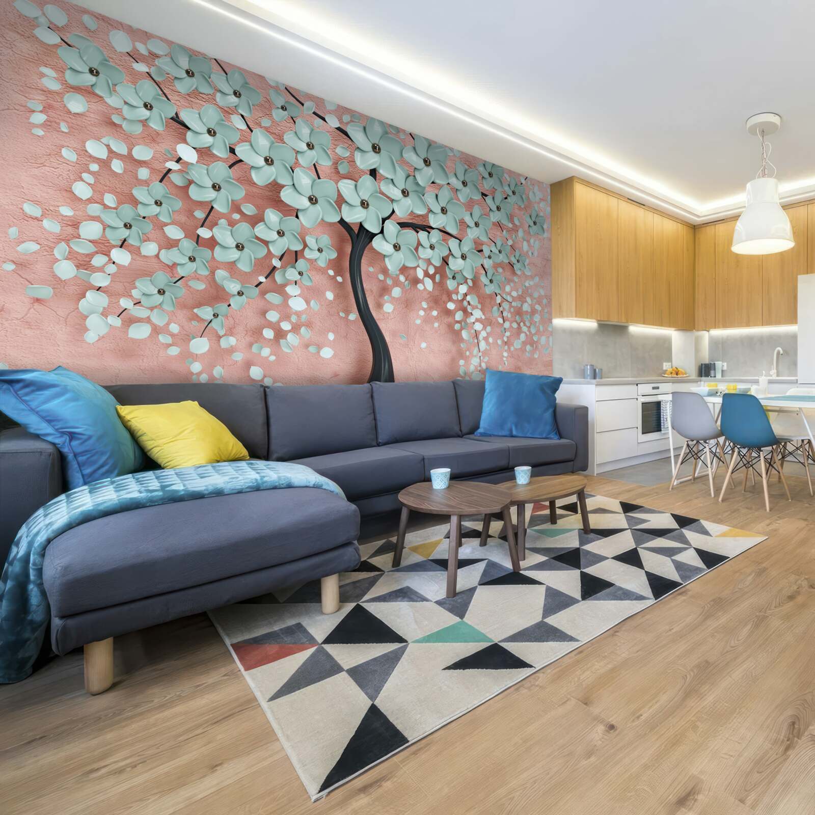 Papier peint arbre aux fleurs bleues