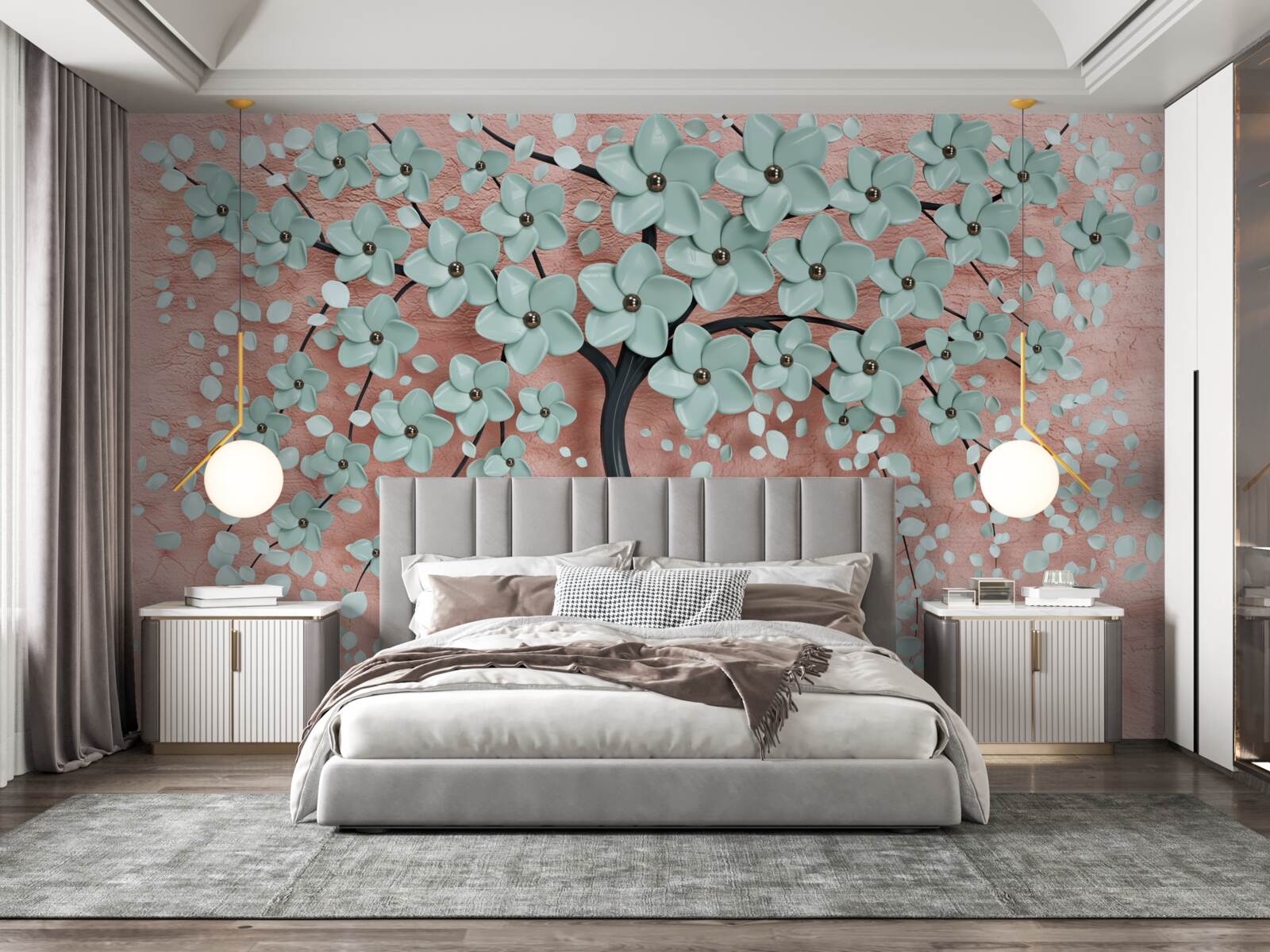 Papier peint arbre aux fleurs bleues