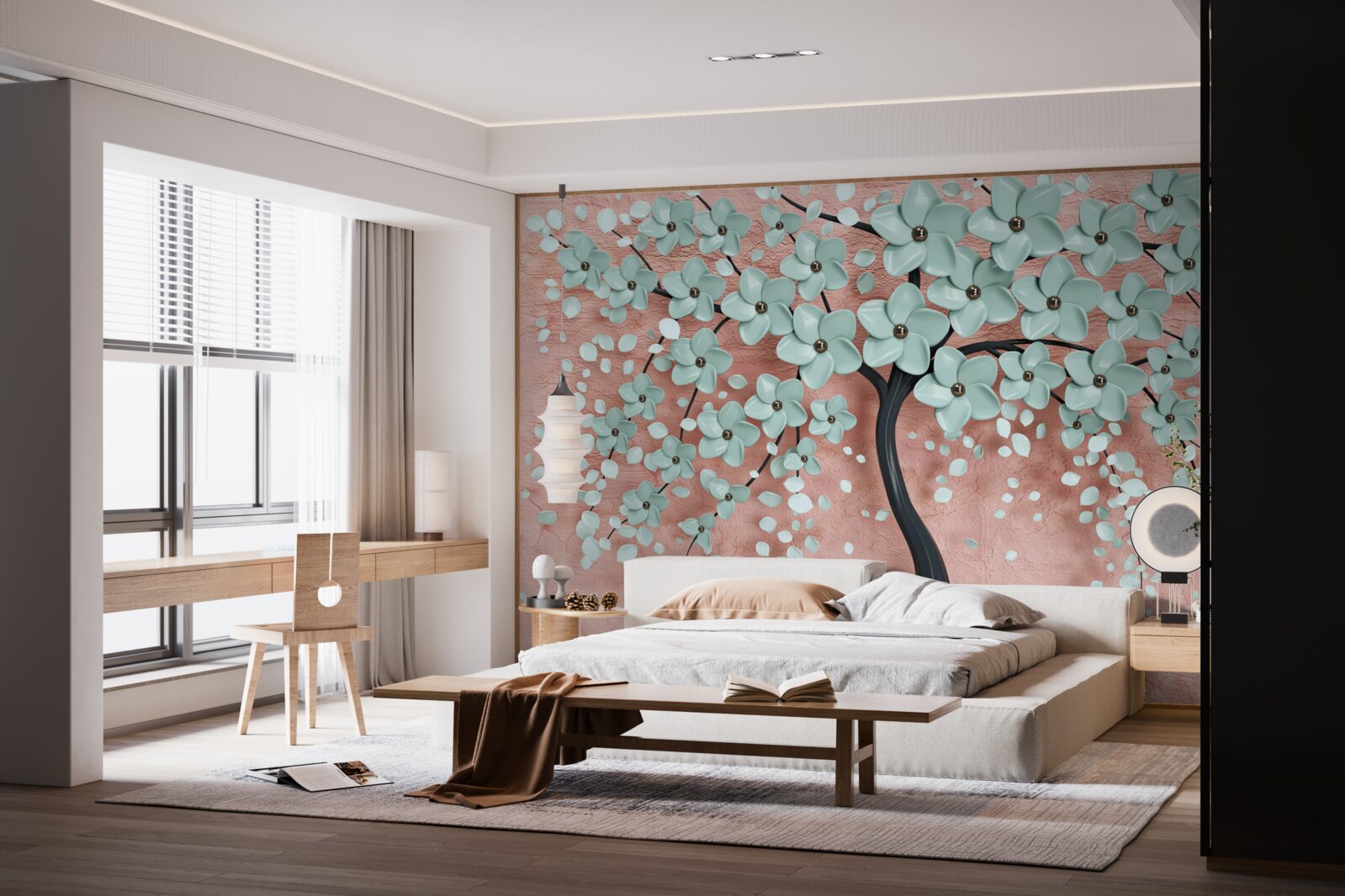 Papier peint arbre aux fleurs bleues