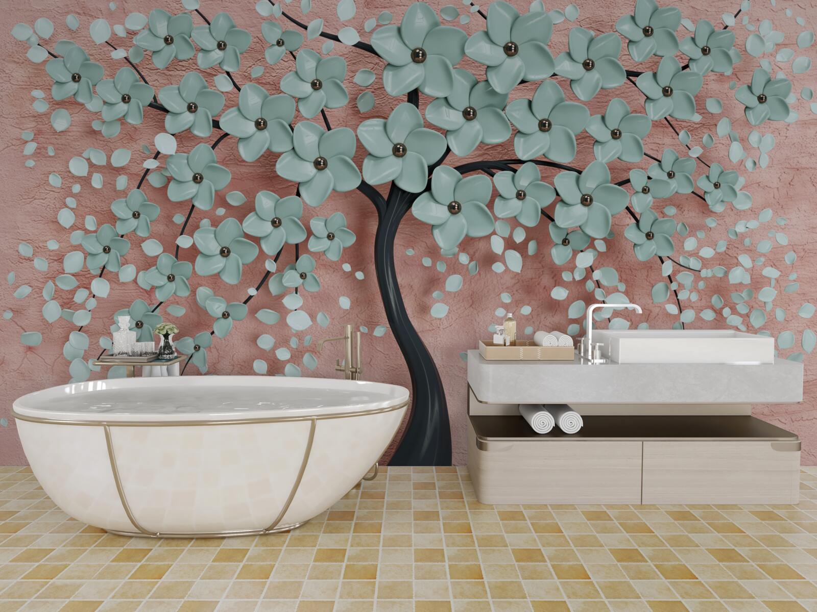 Papier peint arbre aux fleurs bleues