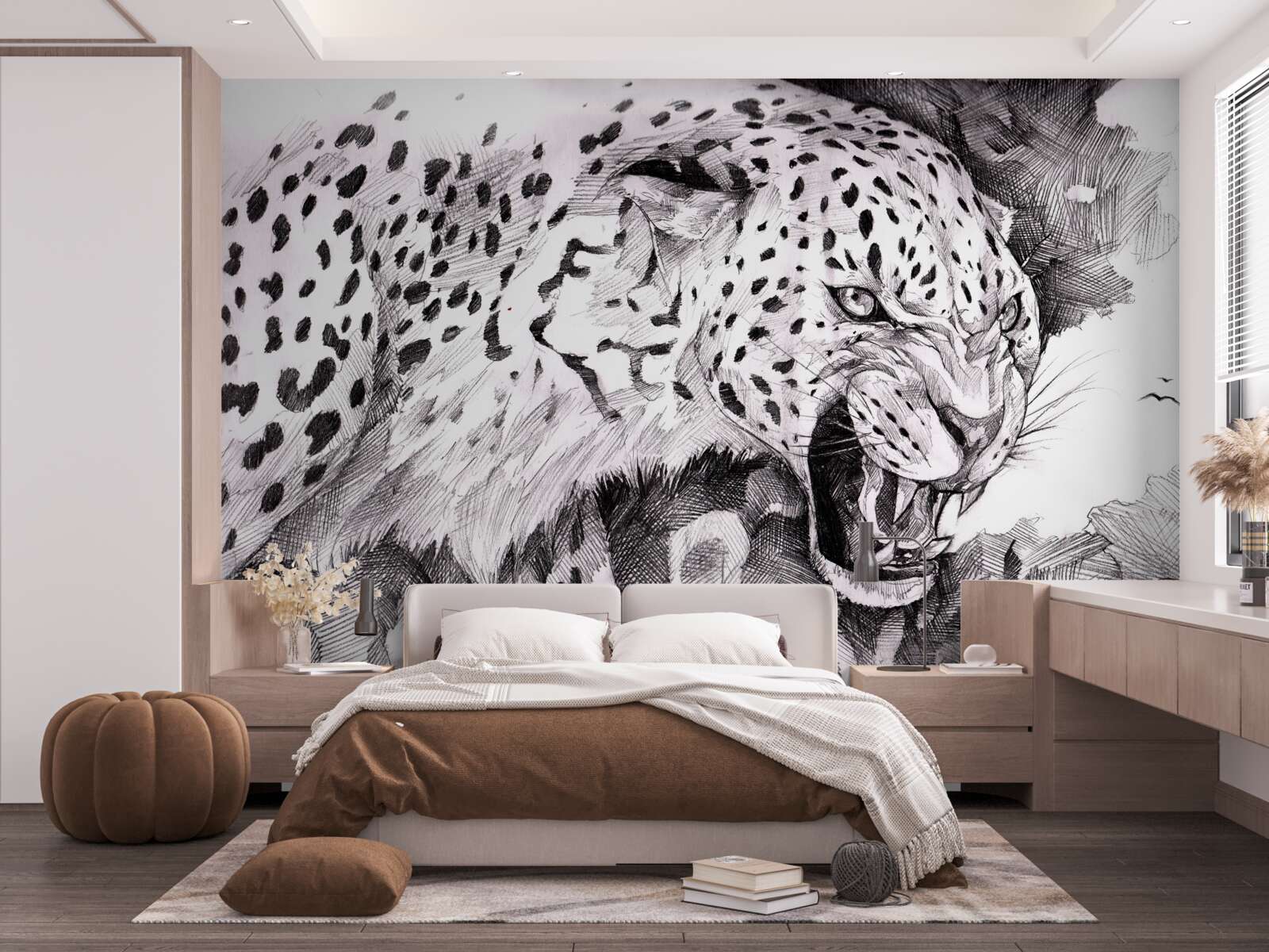 Papier peint léopard agressif en noir et blanc
