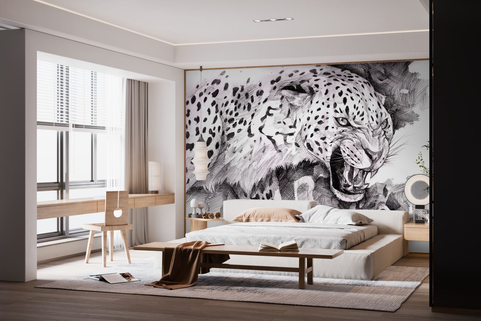 Papier peint léopard agressif en noir et blanc