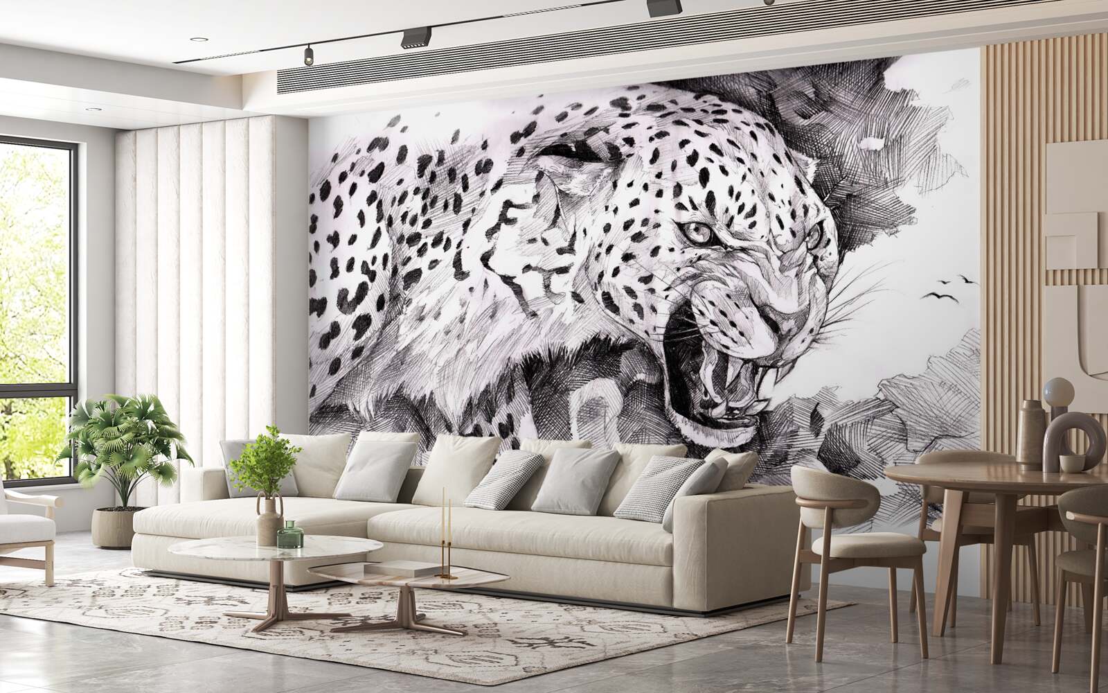 Papier peint léopard agressif en noir et blanc