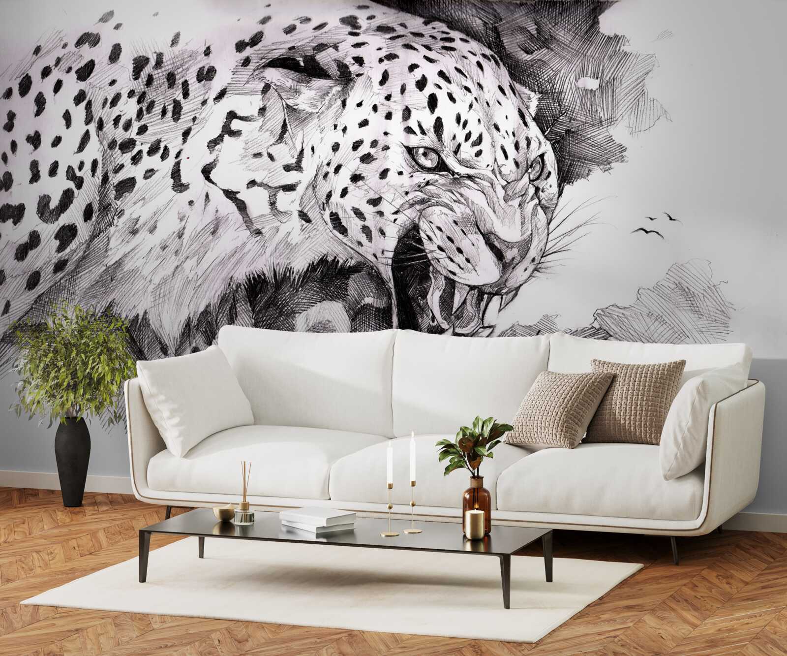 Papier peint léopard agressif en noir et blanc
