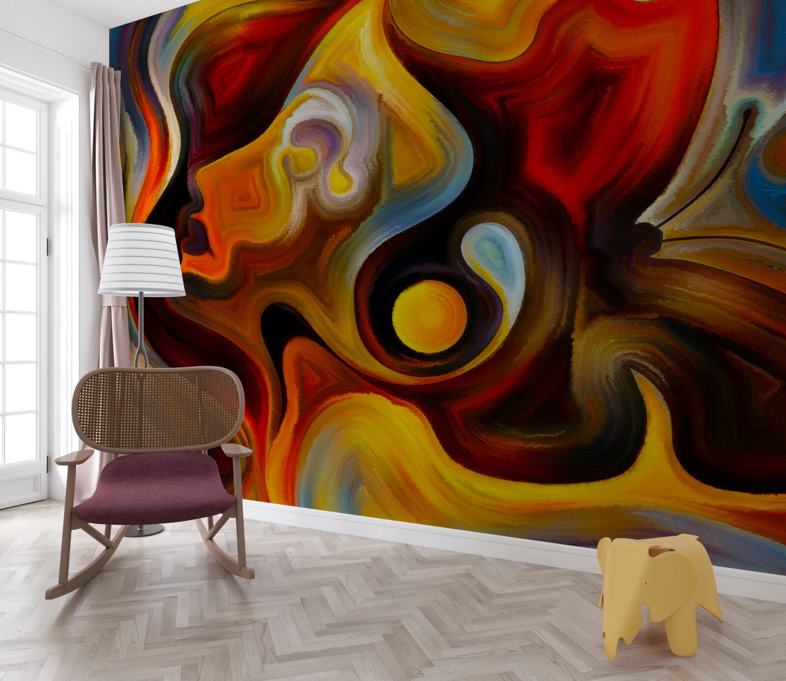 Papier peint silhouette d'une fille et d'un papillon aux couleurs vives