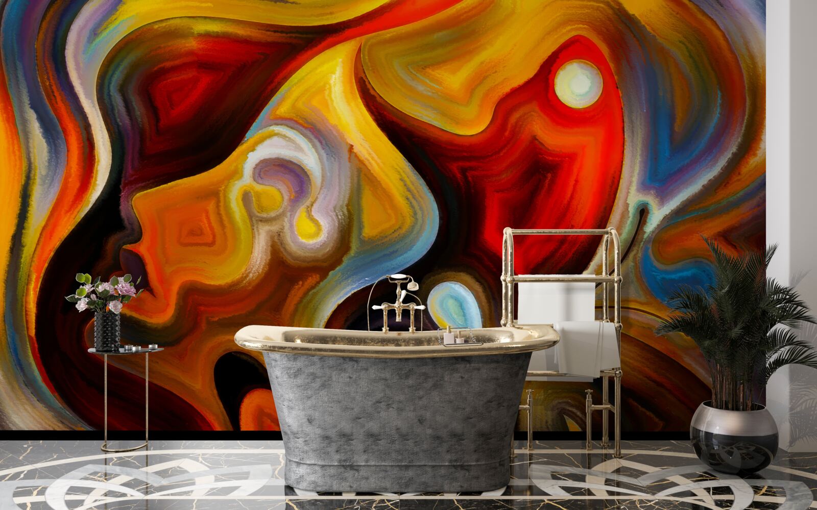 Papier peint silhouette d'une fille et d'un papillon aux couleurs vives