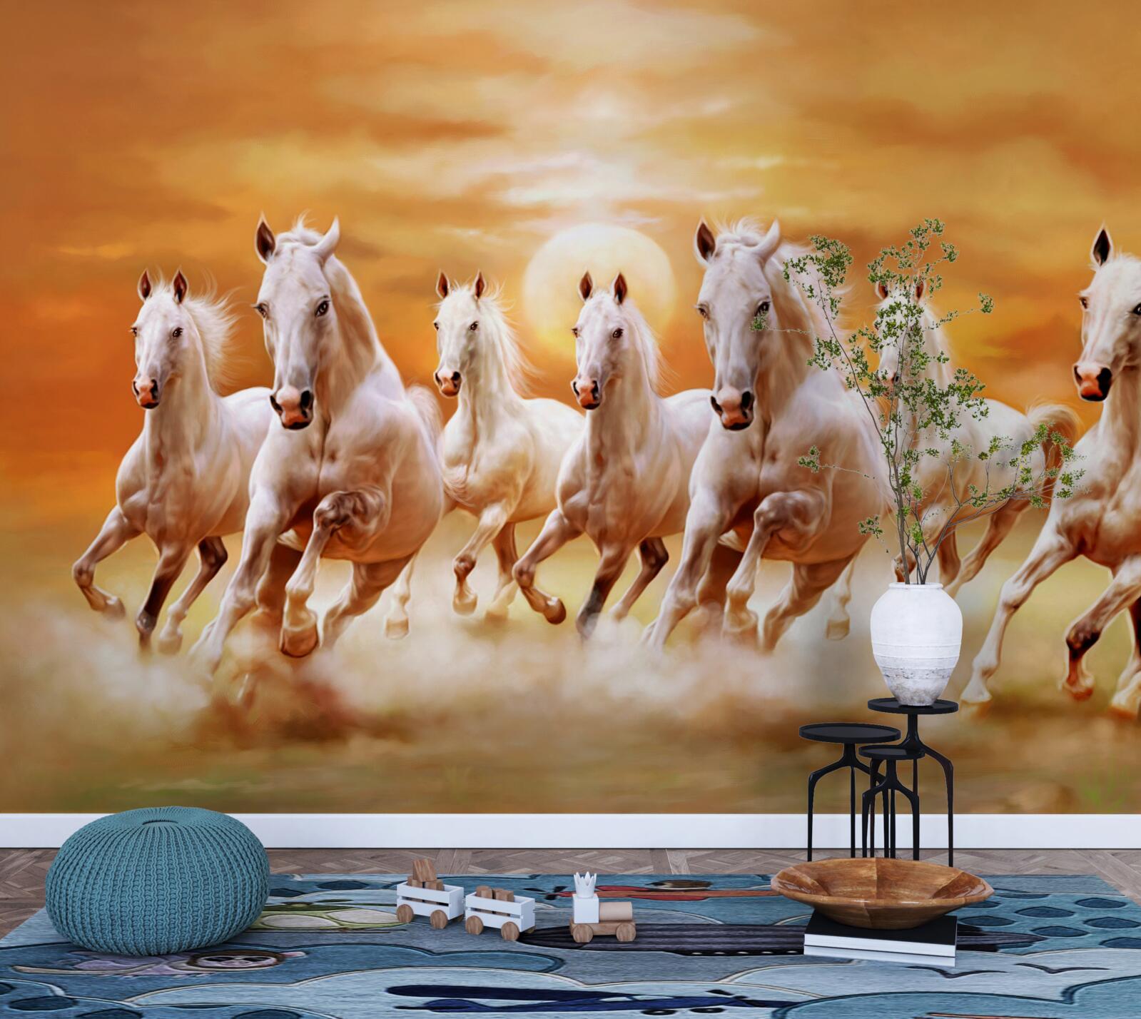 Papier peint sept chevaux blancs