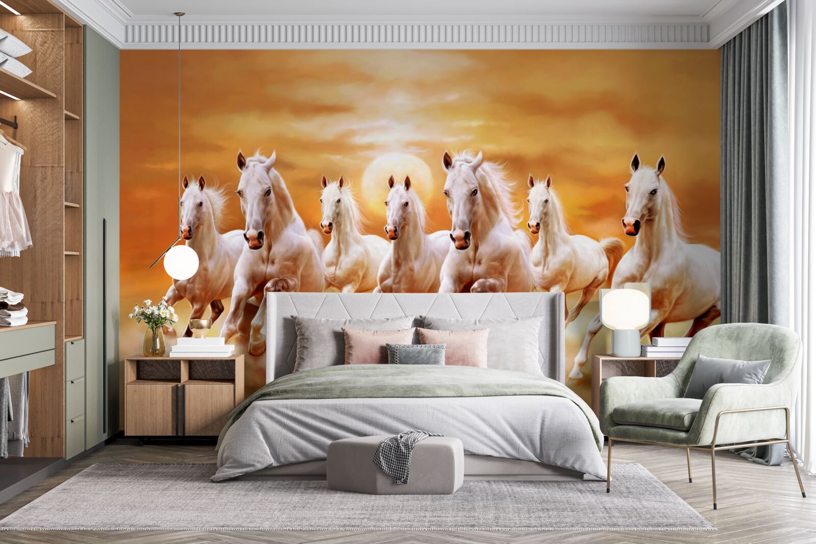 Papier peint sept chevaux blancs