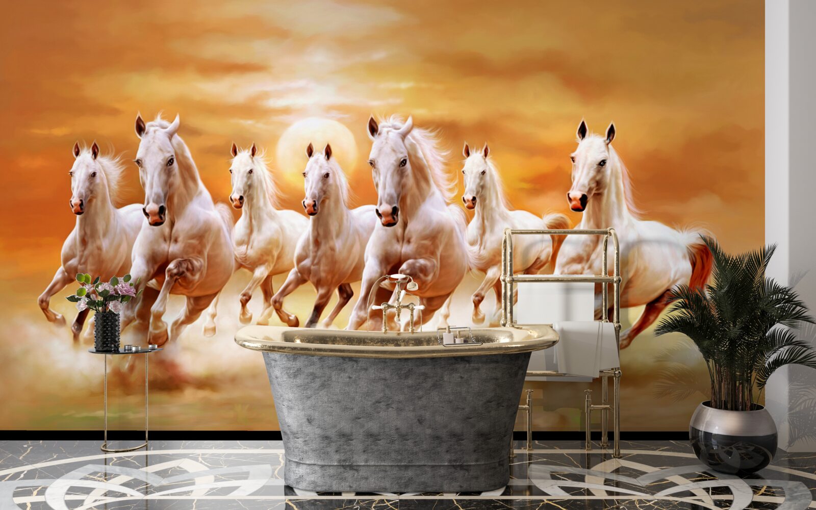 Papier peint sept chevaux blancs