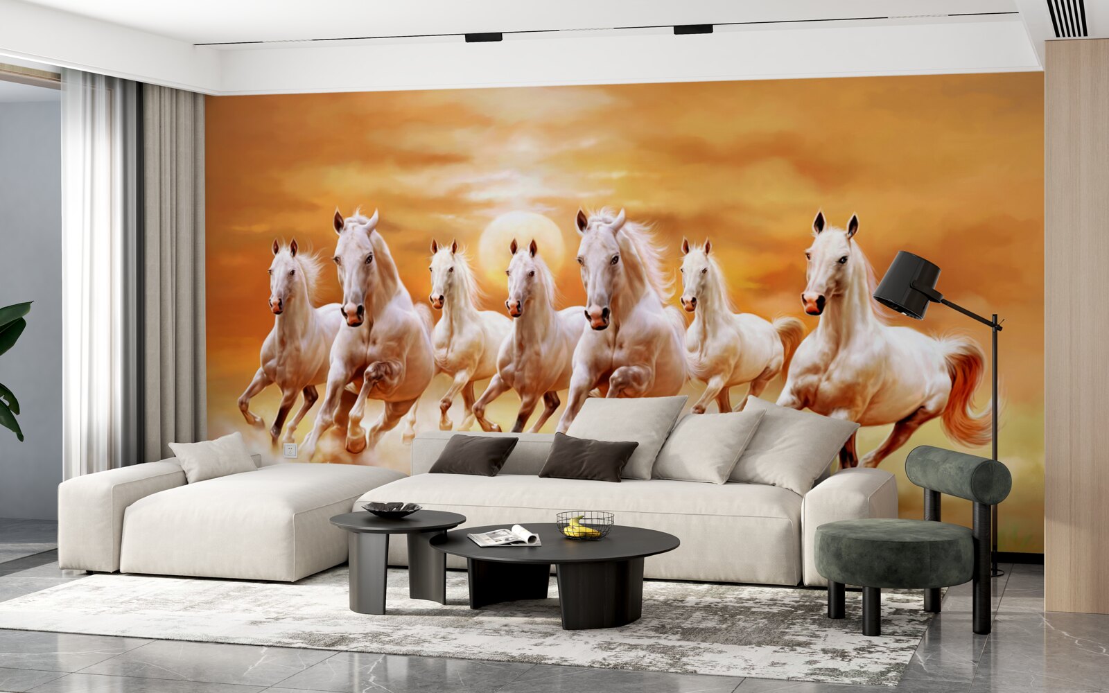 Papier peint sept chevaux blancs