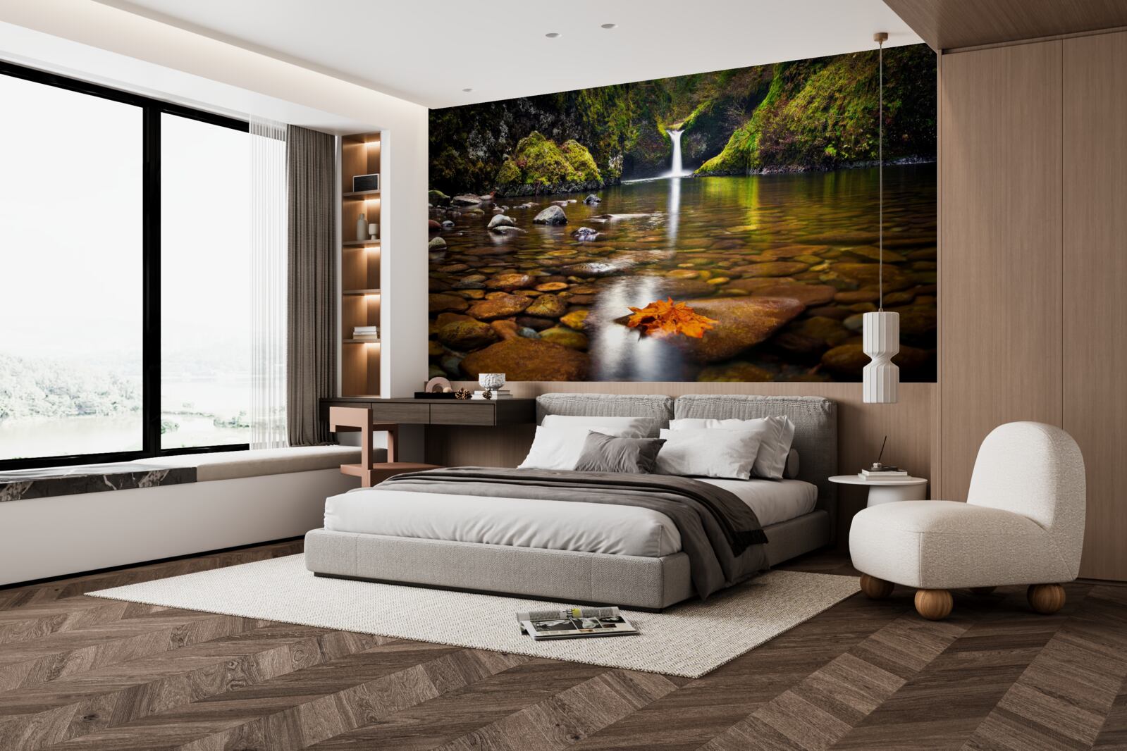 Papier peint une feuille tombée à la surface de l'eau en montagne