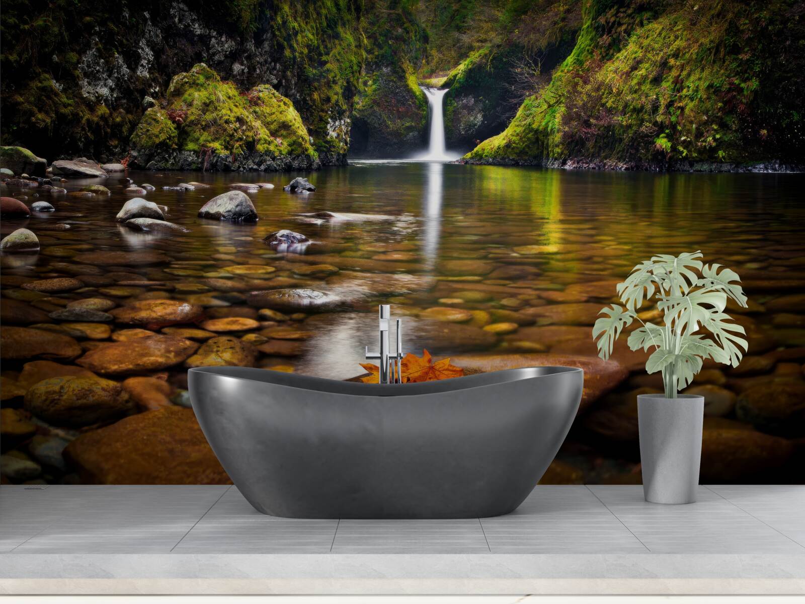 Papier peint une feuille tombée à la surface de l'eau en montagne