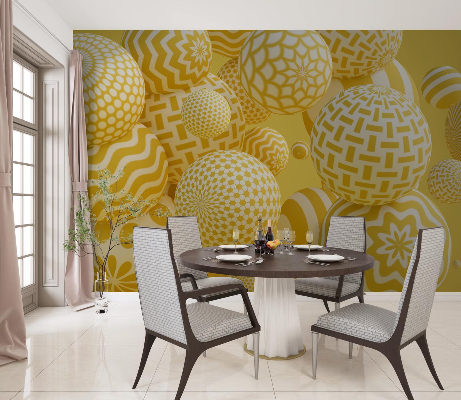 Papier peint boules jaunes à rayures