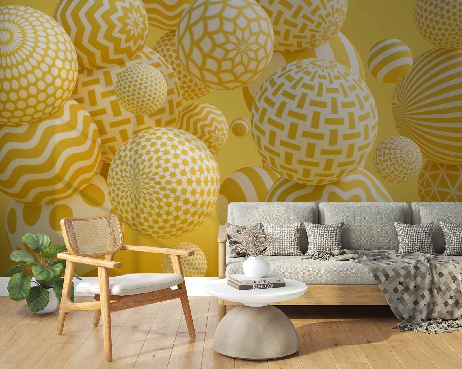 Papier peint boules jaunes à rayures