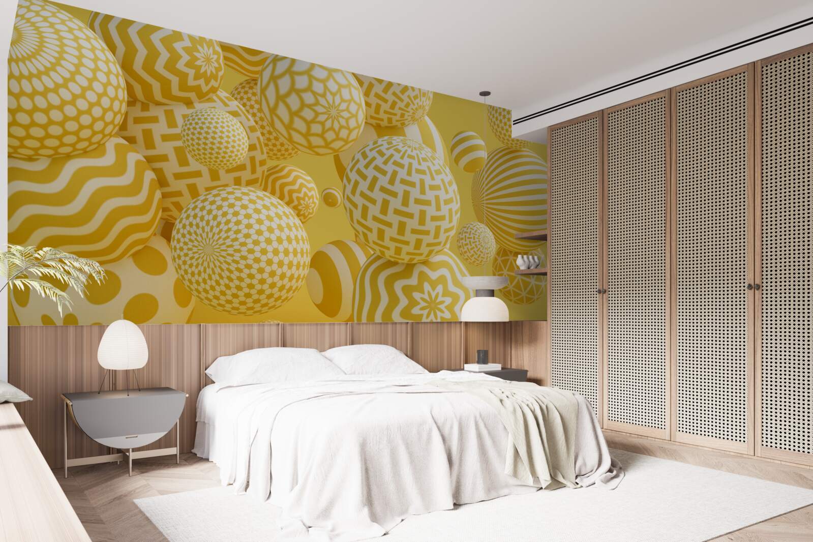 Papier peint boules jaunes à rayures