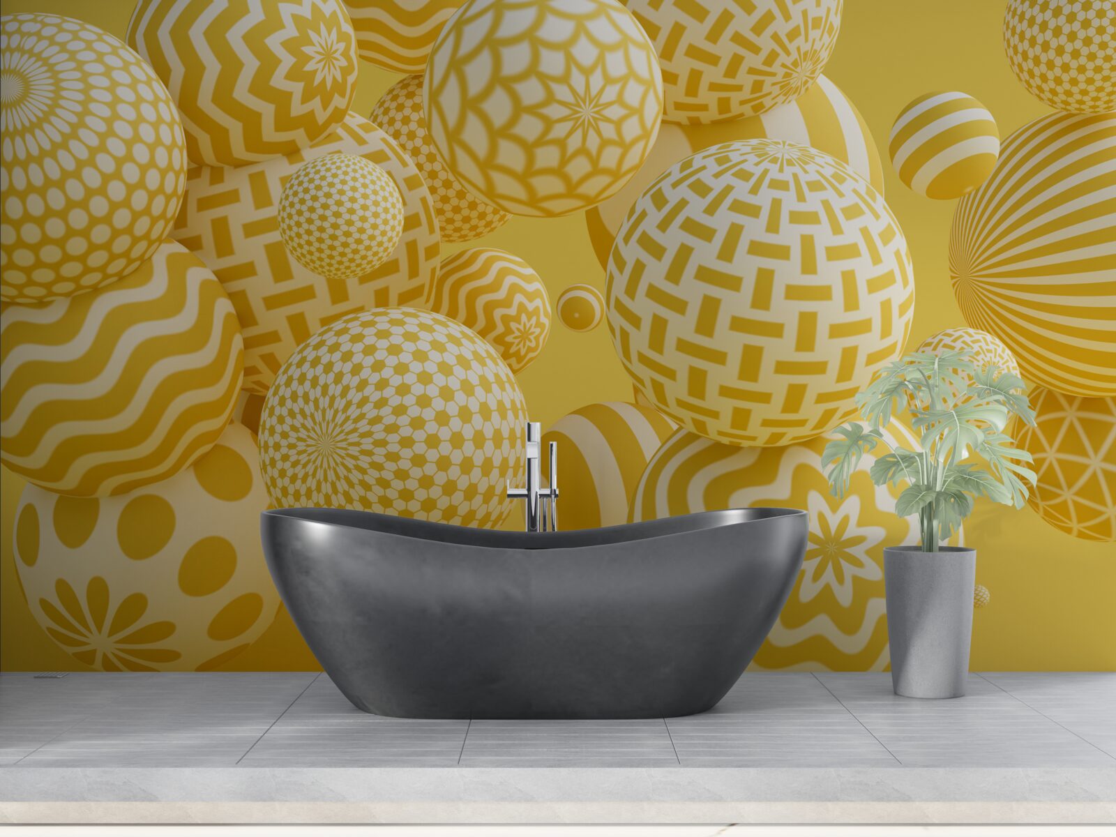 Papier peint boules jaunes à rayures