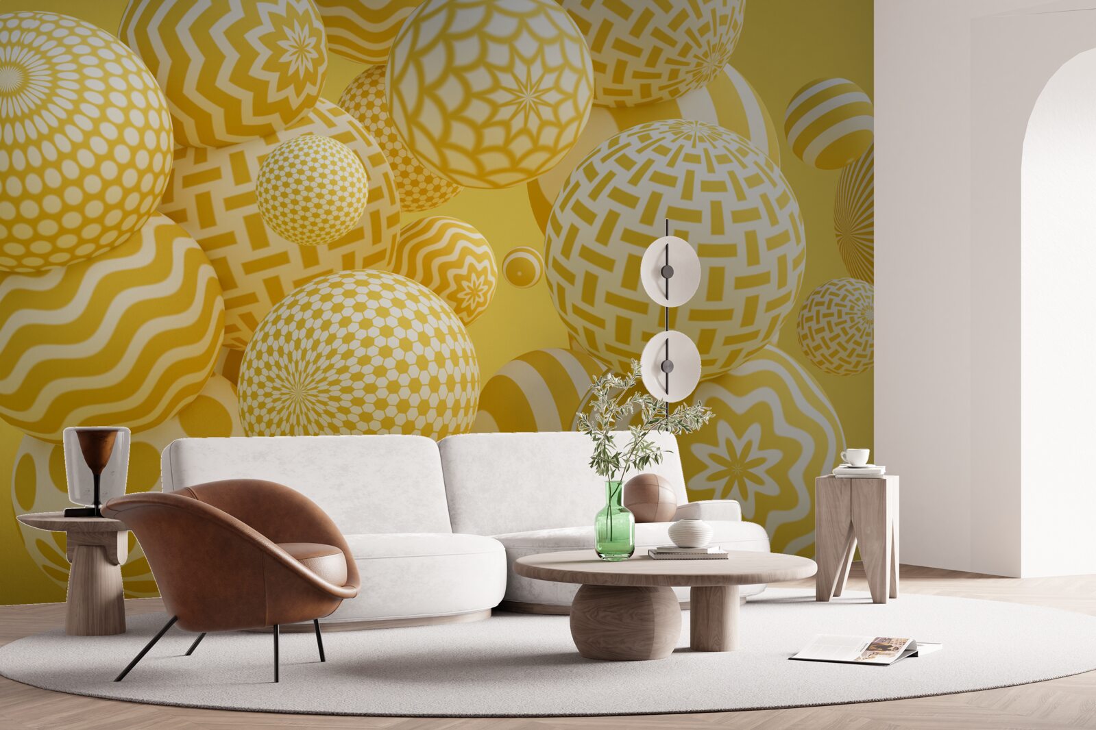 Papier peint boules jaunes à rayures