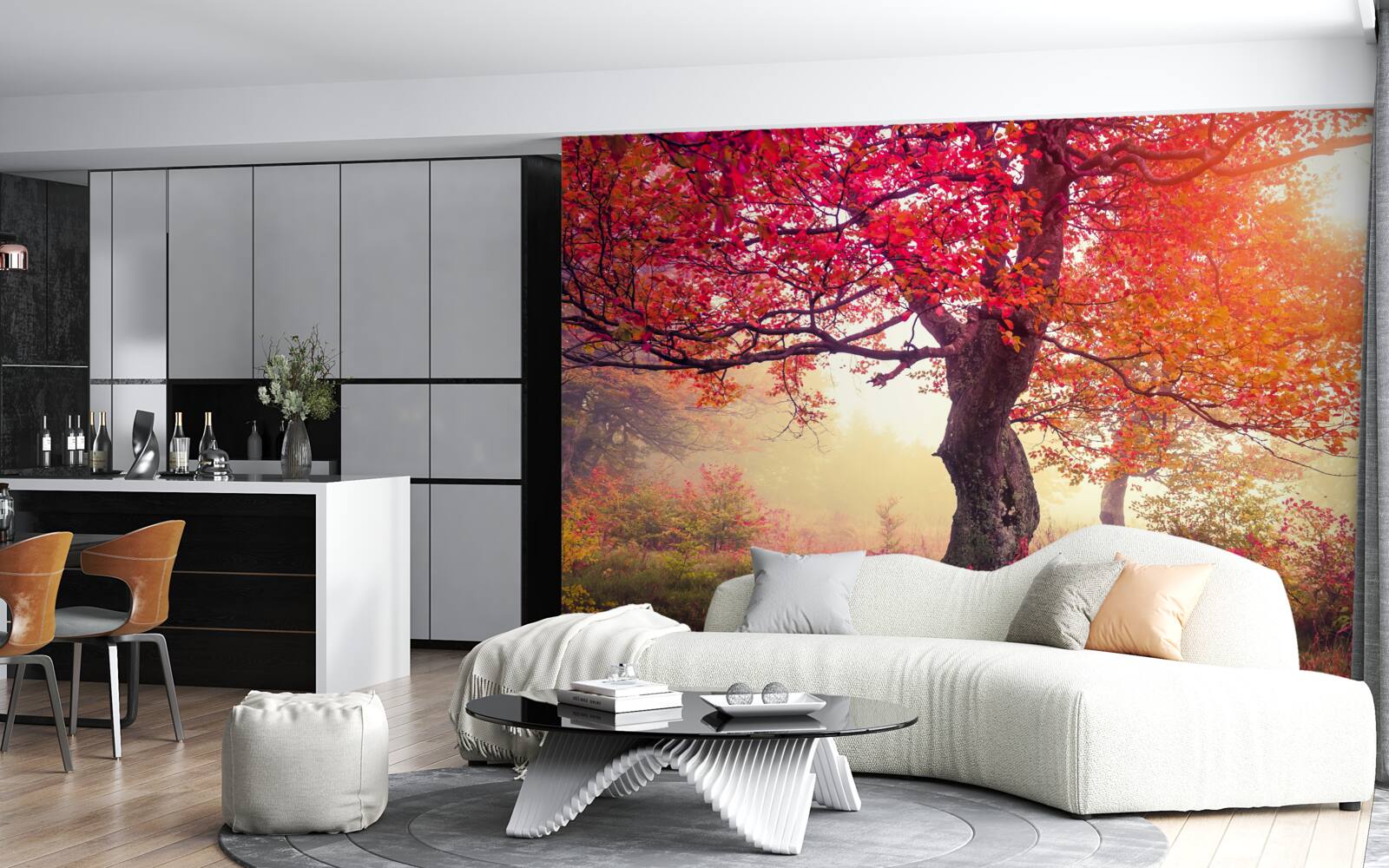 Papier peint arbres en fleurs au milieu d'une forêt brumeuse