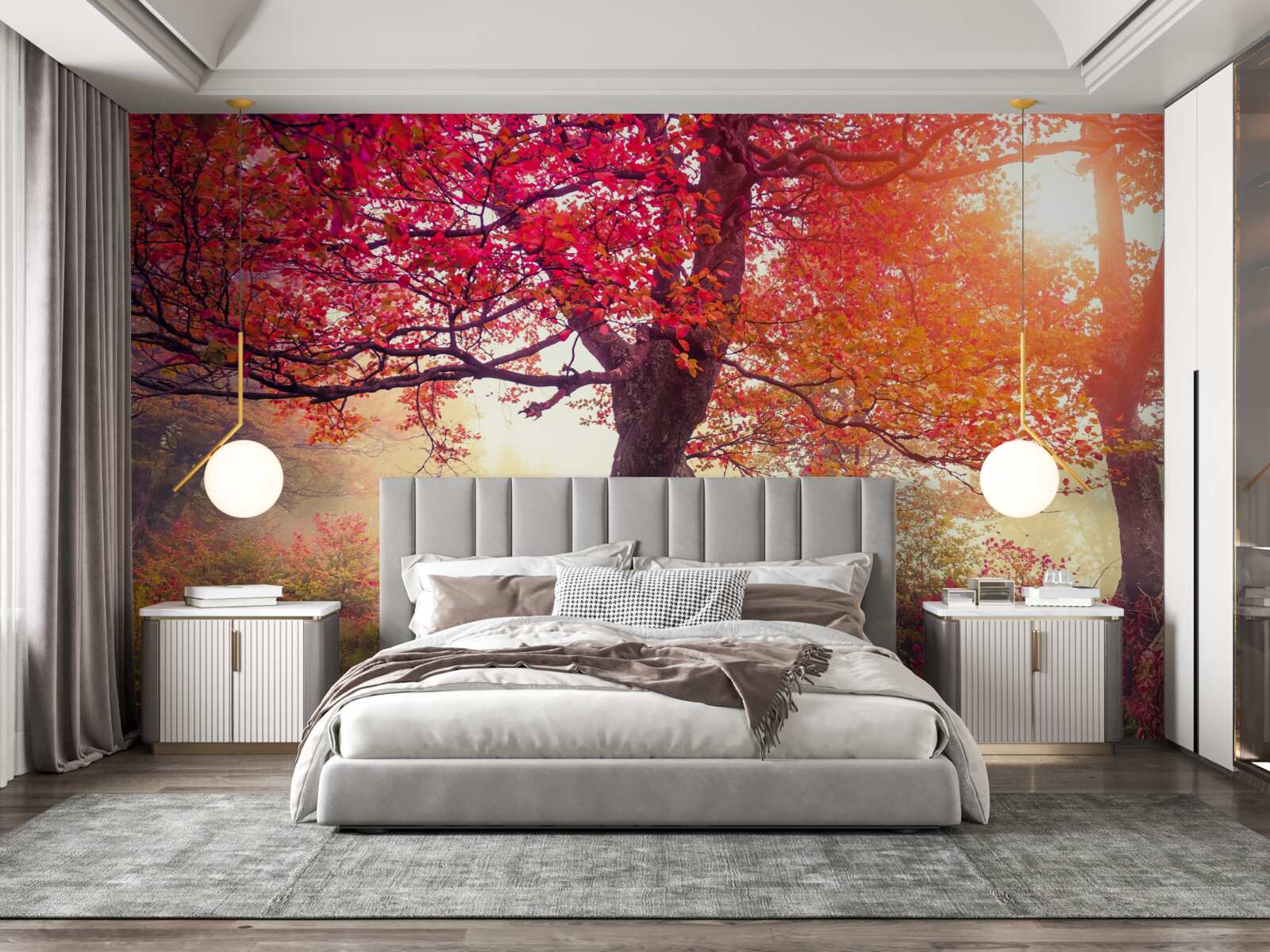 Papier peint arbres en fleurs au milieu d'une forêt brumeuse