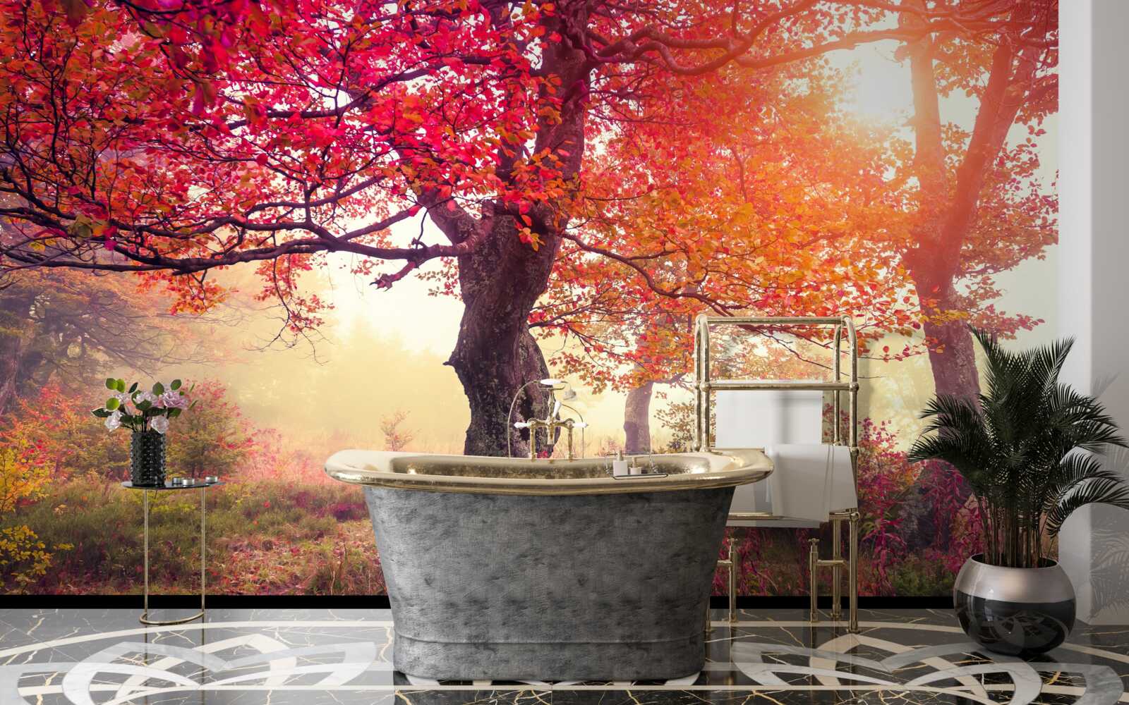 Papier peint arbres en fleurs au milieu d'une forêt brumeuse