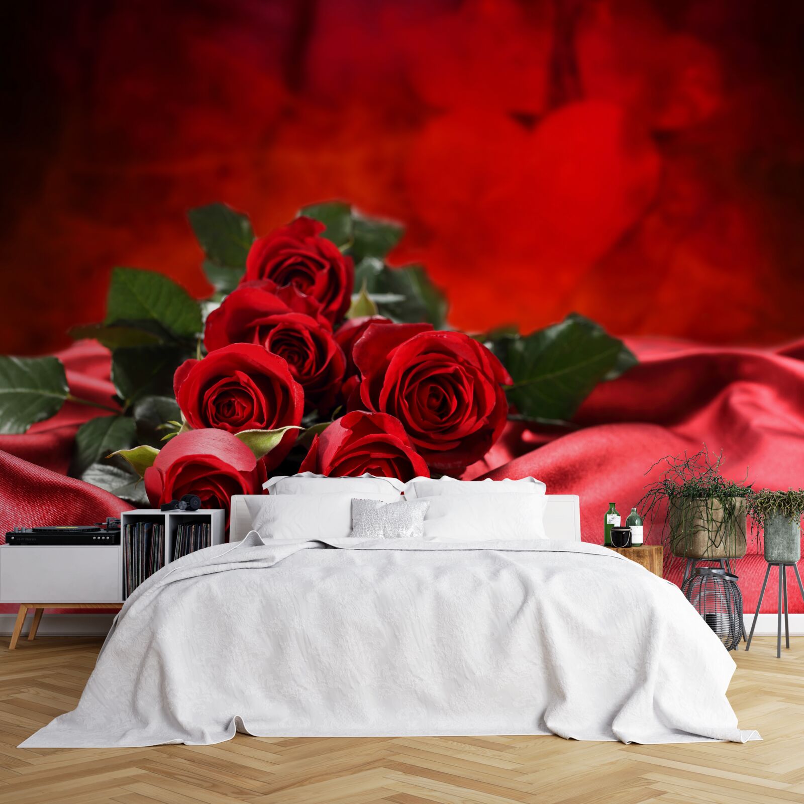 Papier peint roses écarlates sur satin bordeaux