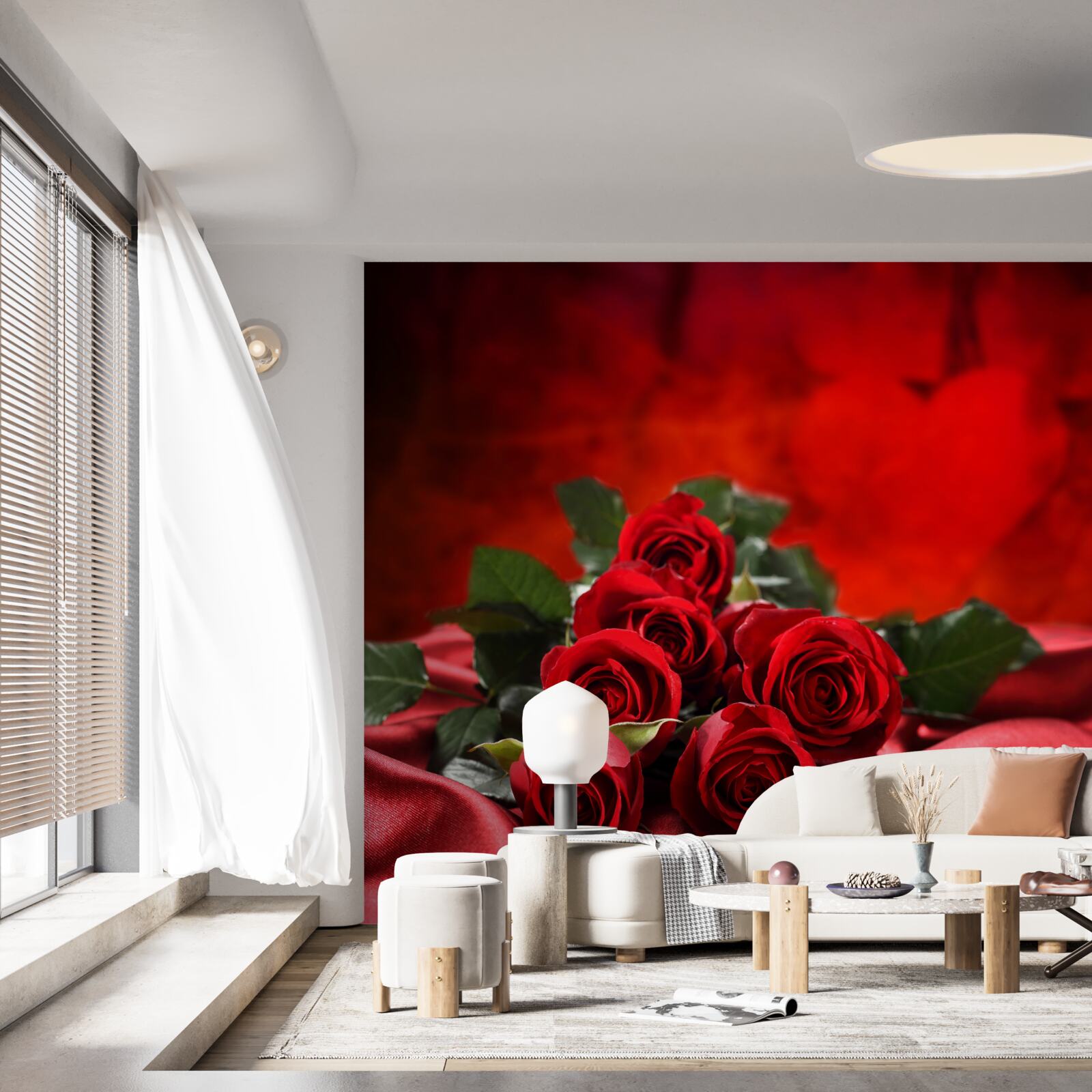 Papier peint roses écarlates sur satin bordeaux