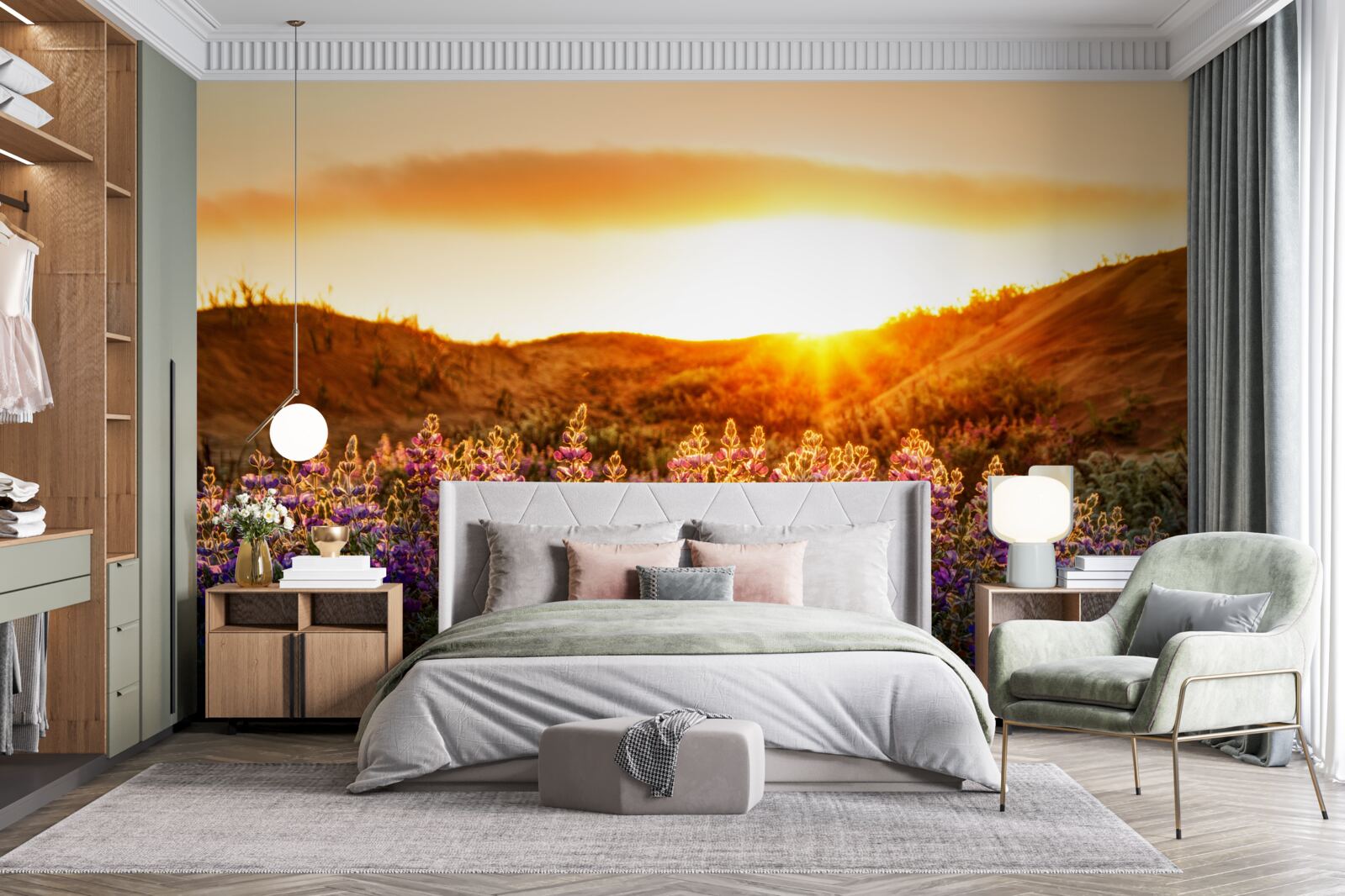 Papier peint Fleurs des champs sur fond de coucher de soleil