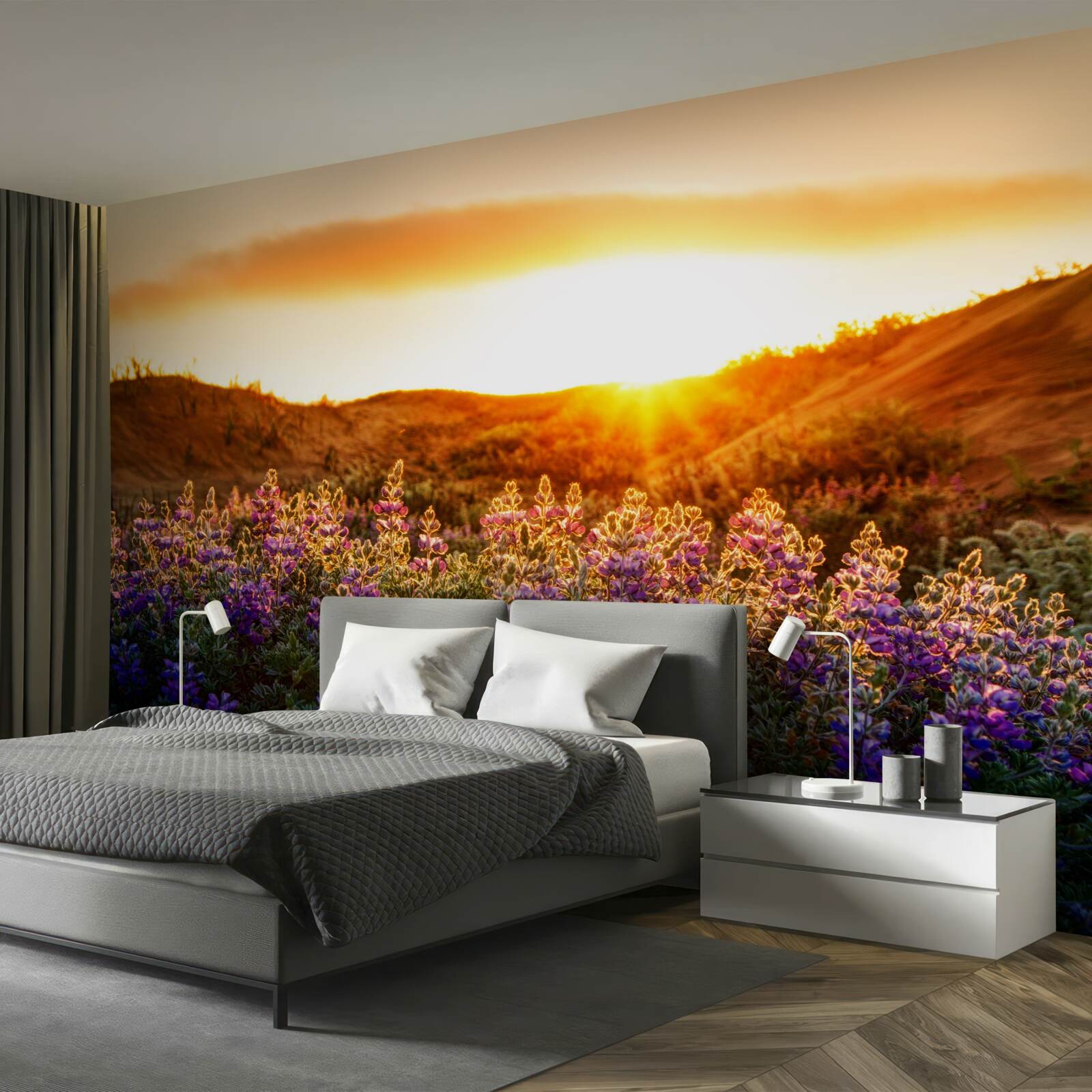 Papier peint Fleurs des champs sur fond de coucher de soleil