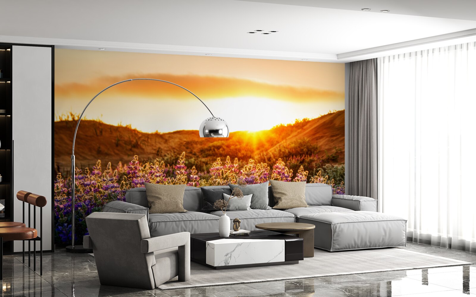 Papier peint Fleurs des champs sur fond de coucher de soleil