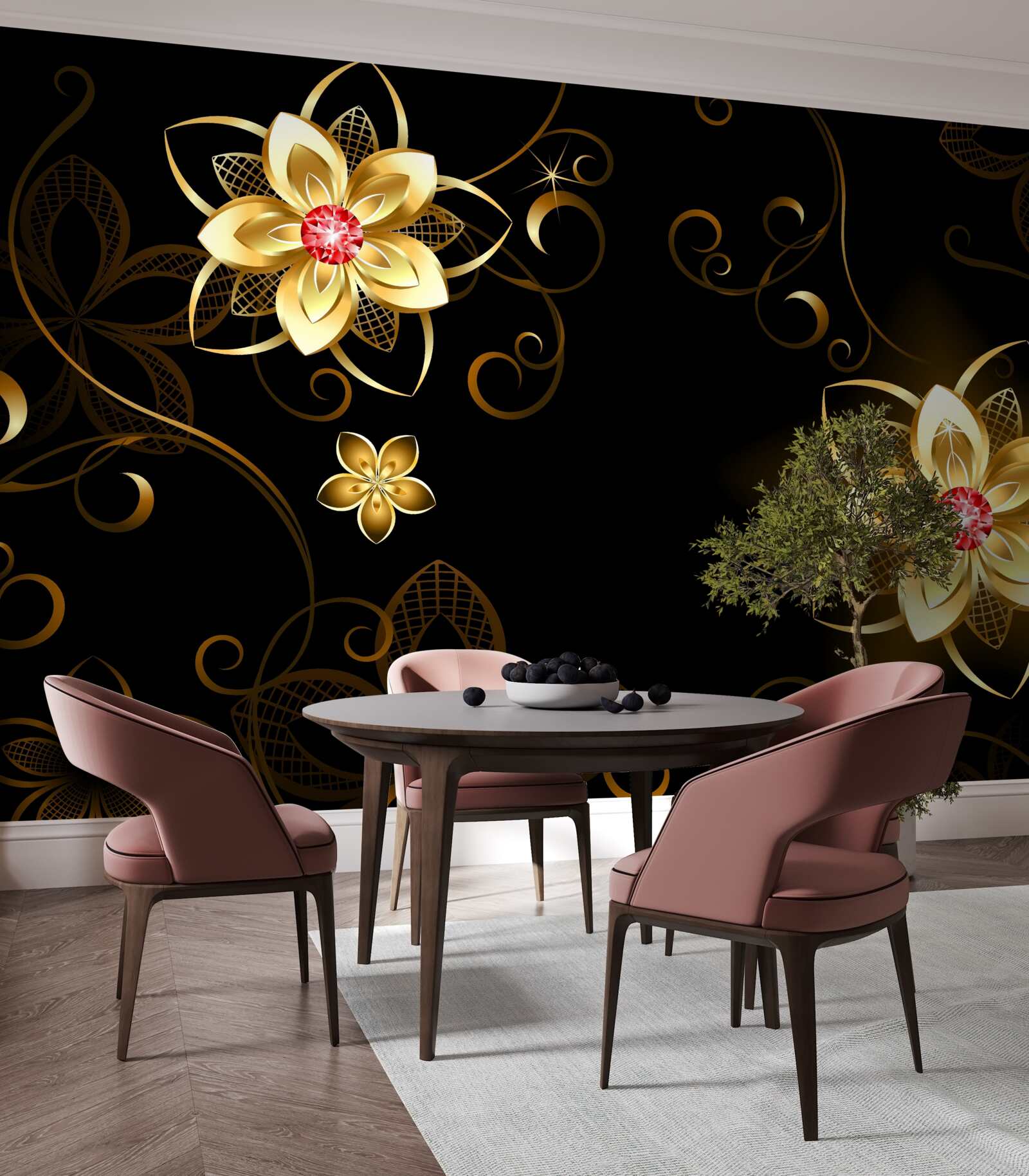 Papier peint fleurs dorées sur fond noir