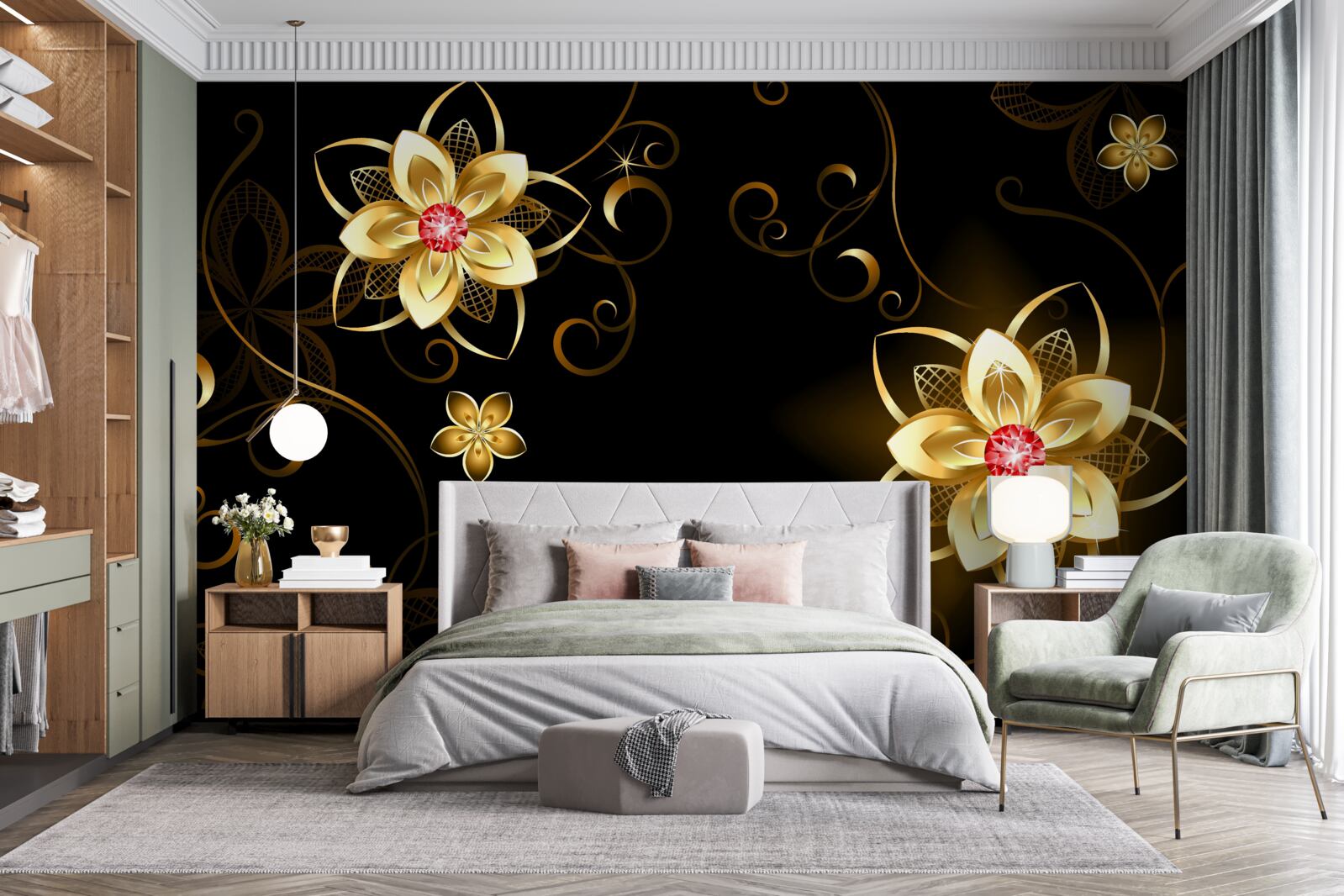 Papier peint fleurs dorées sur fond noir