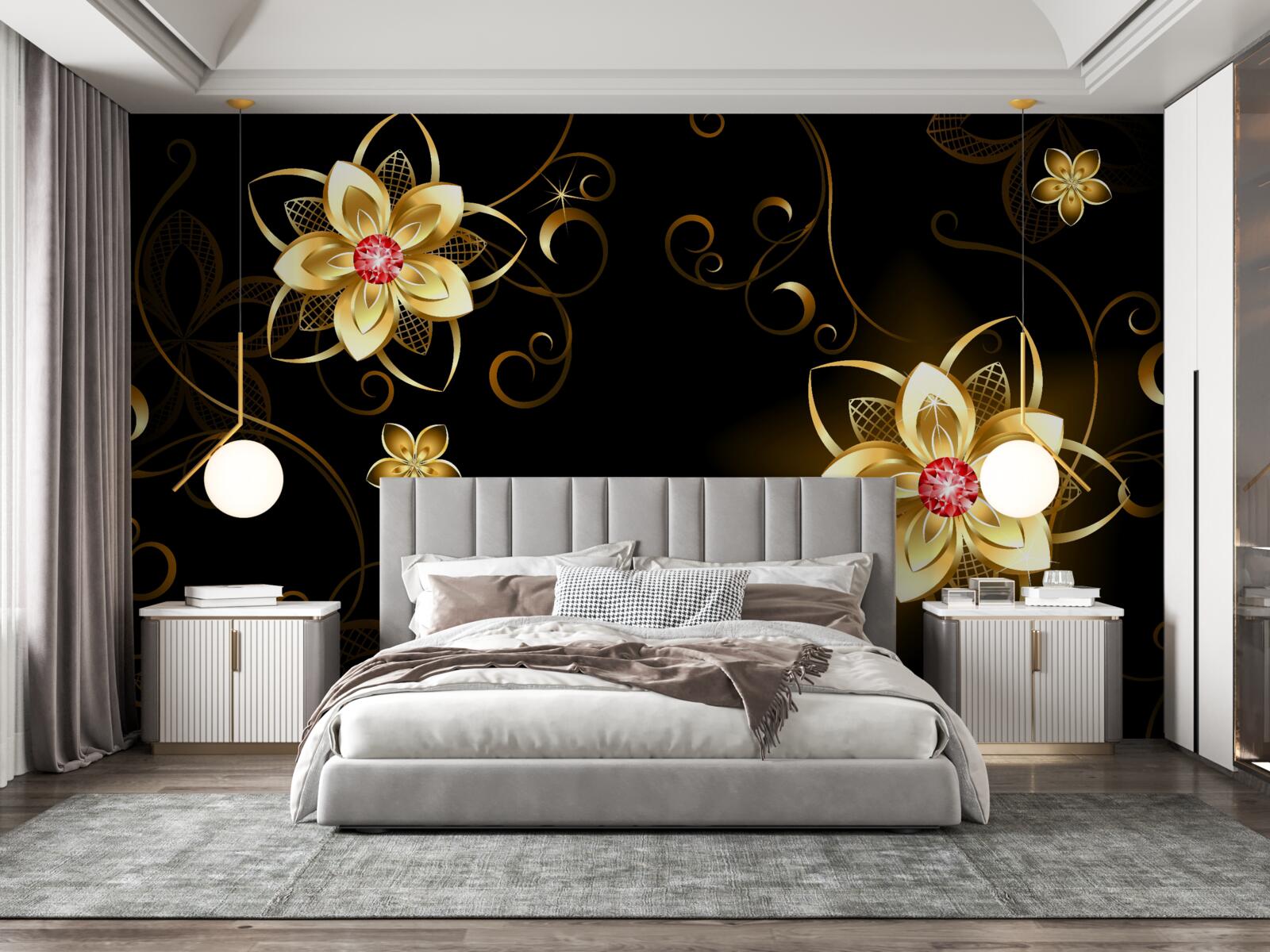 Papier peint fleurs dorées sur fond noir